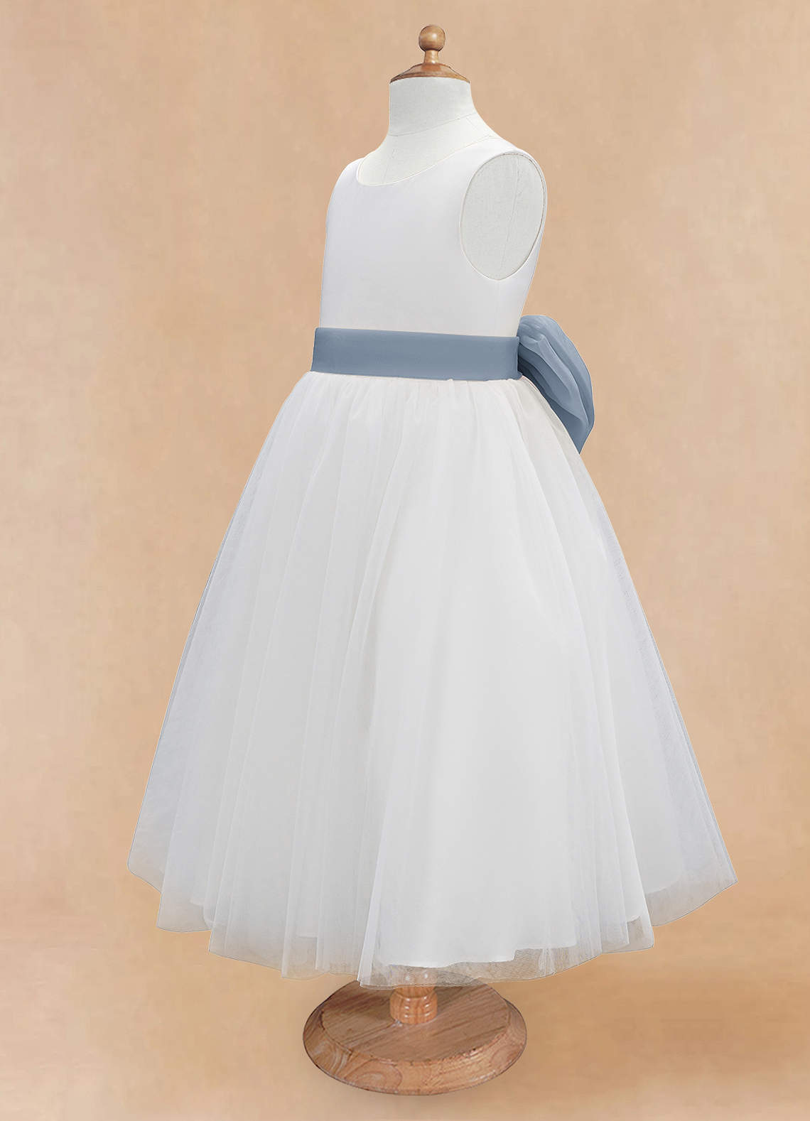 Azazie Kavi Flower Girl Dresses Ivory Dusty Blue A-Line Bow Matte Satin Dress image8