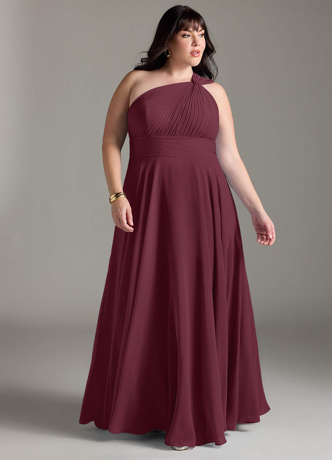 Azazie Charlize Vestidos de damas de honor Vestido de Cabernet de Gasa de Corte en A con Hombro unilateral image8