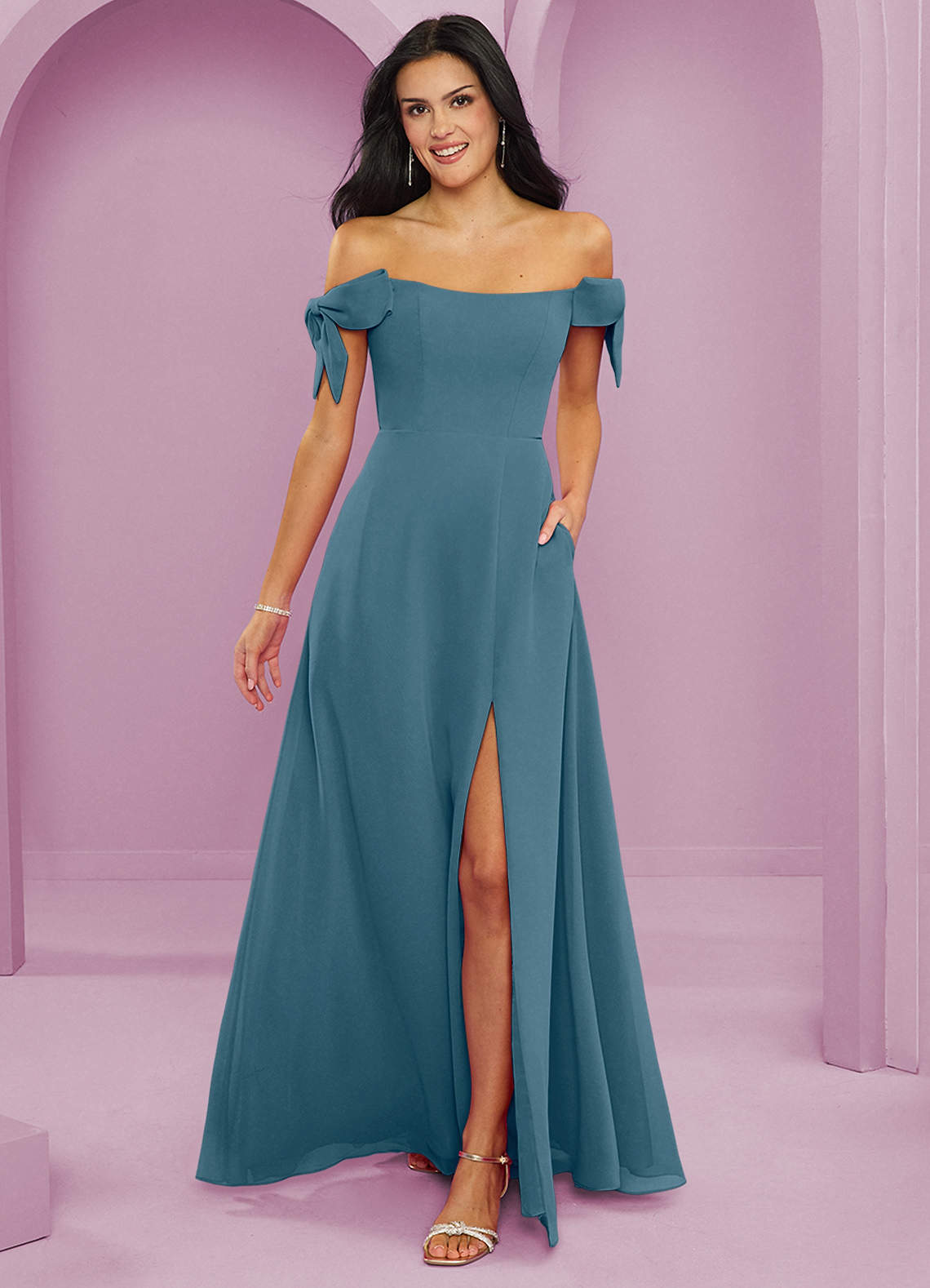 Barbie ♥ Azazie Jurken voor bruidsmeisjes Converteerbaar Jurk van Chiffon met A-Lijn Off the Shoulder Bermuda image1