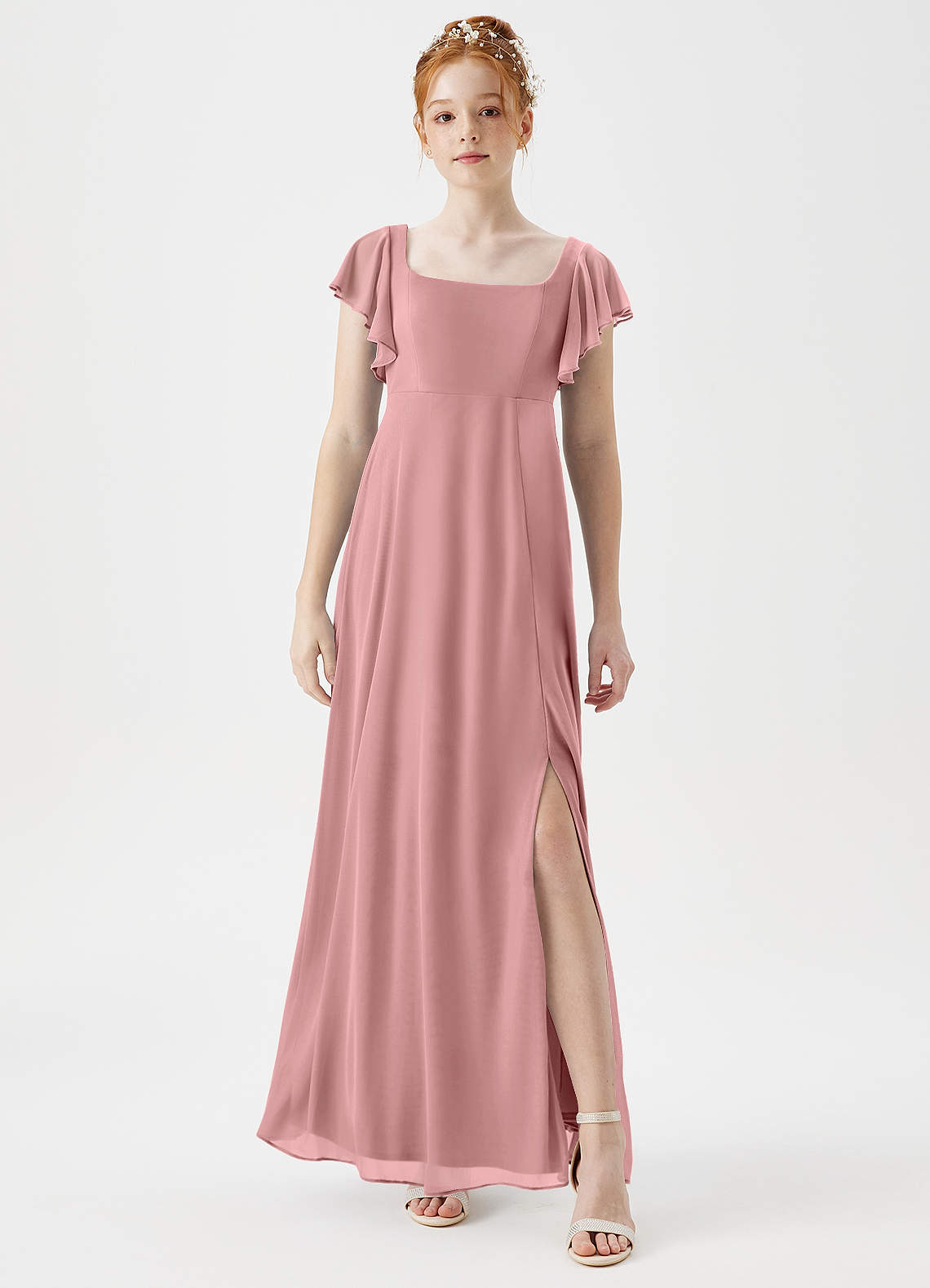 Azazie Bondi Junior A-Linie Seitliche Cut-Outs Gittergewebe Kleid Altrosa image1