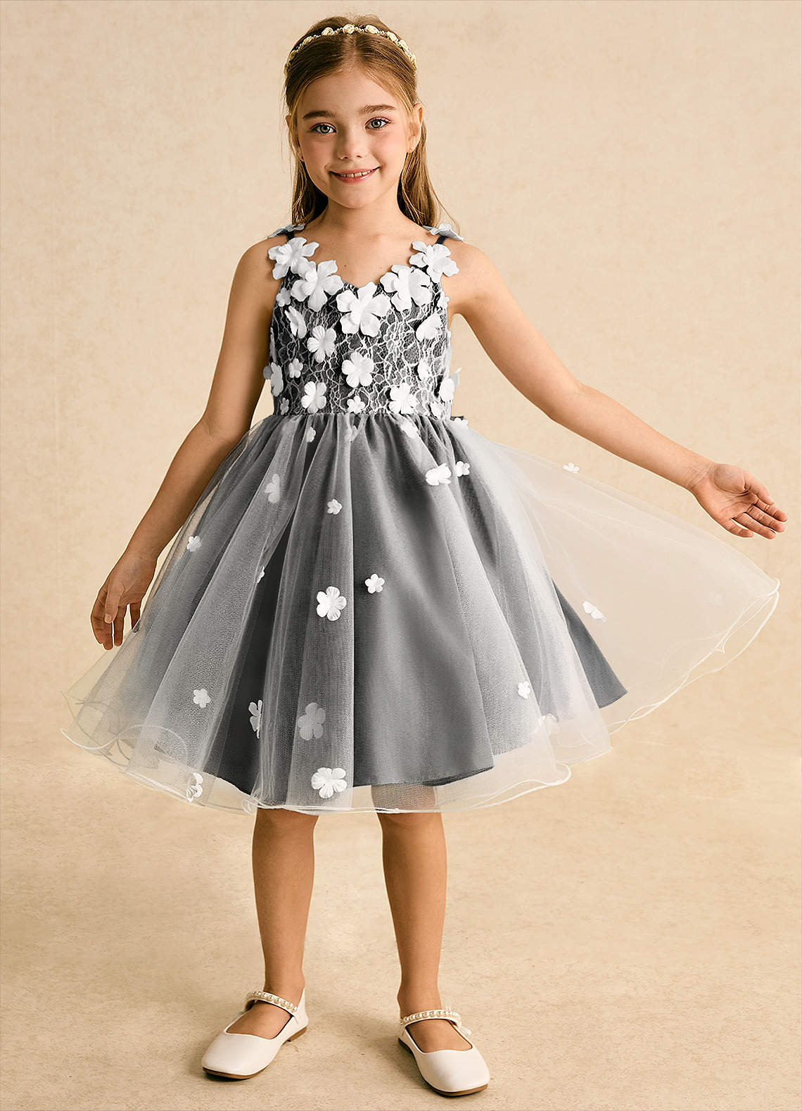 Azazie Junebug Robe Demoiselle D'honneur Fillette Robe Princesse en Tulle Dentelle Ivoire Noir image7