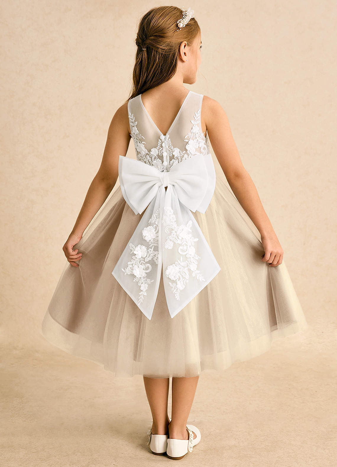 Azazie Lina Flower Girl Dresses Ivory Champagne Ball-Gown Lace Dress image1
