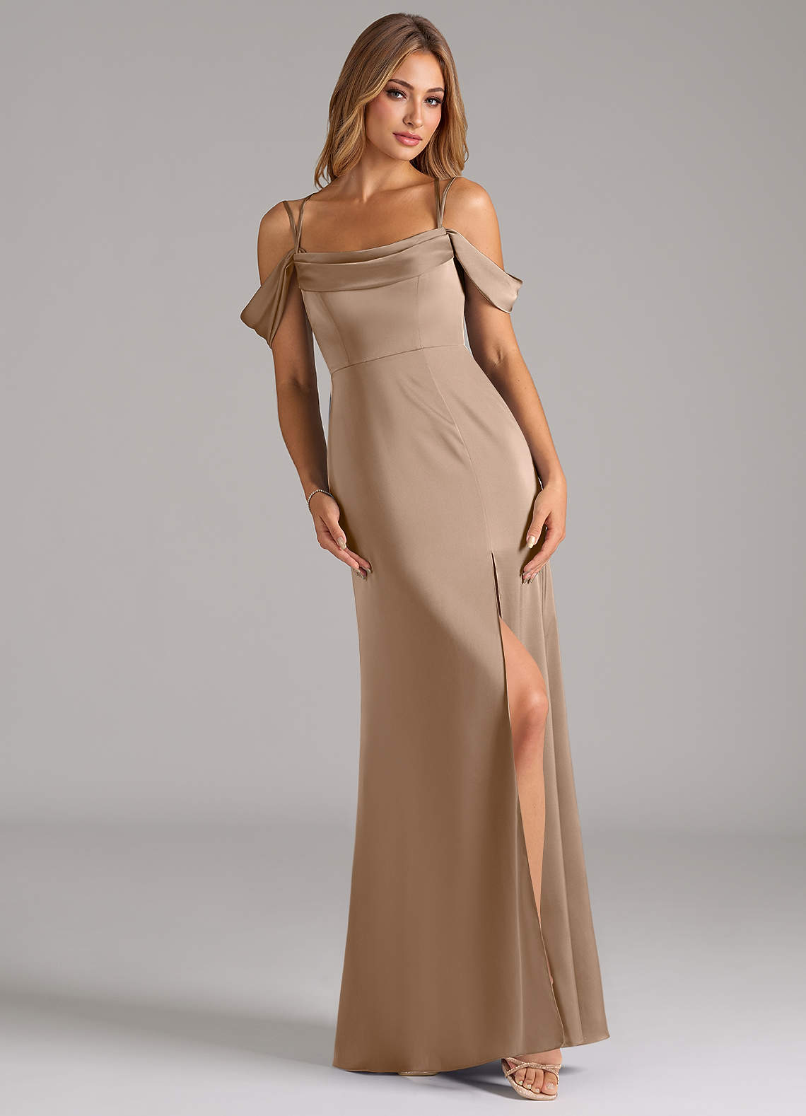 Azazie Callan Bridesmaid Dresses Taupe A-Line Pleated Stretch Satin Convertible Dress image1