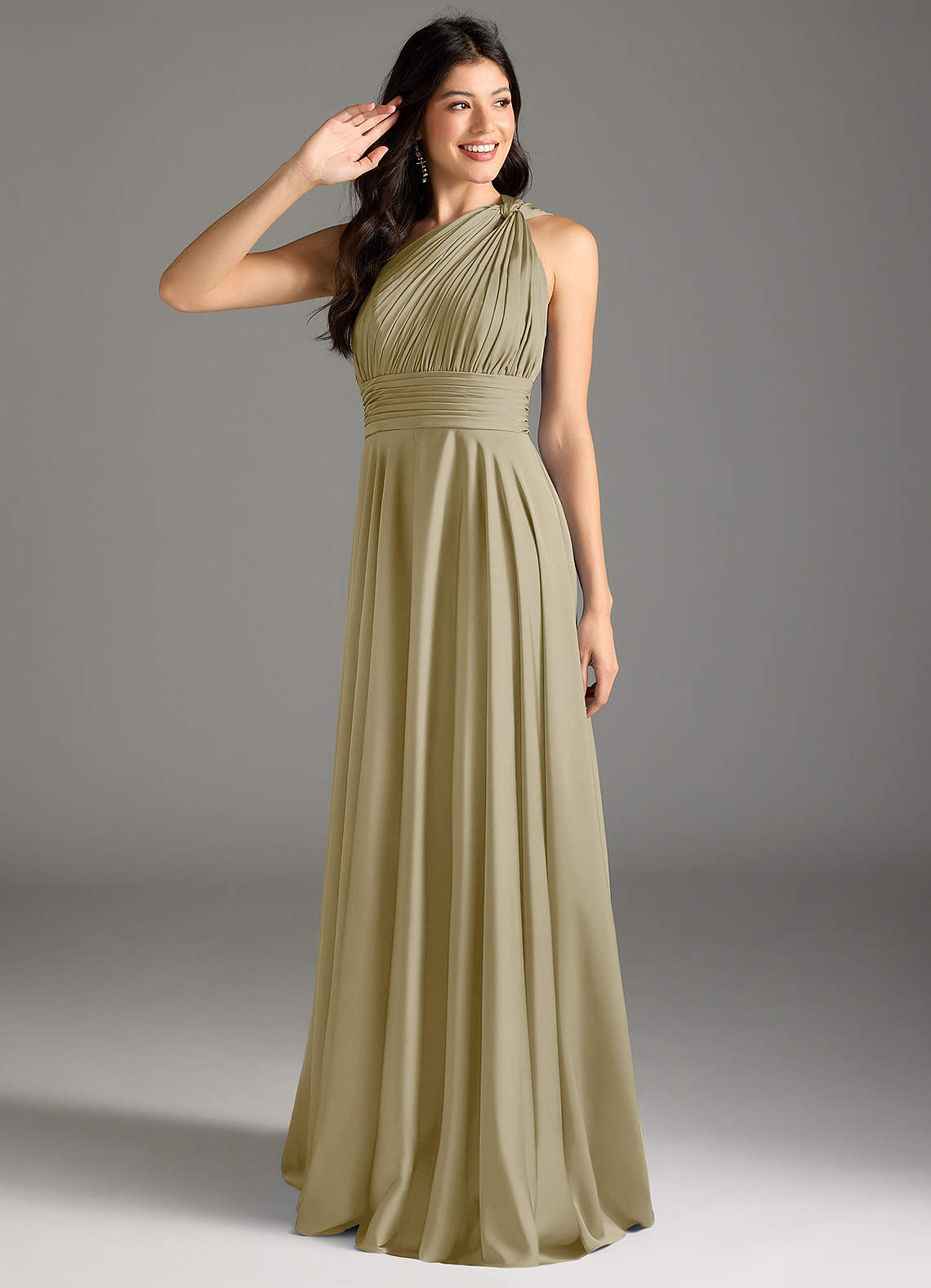 Azazie Charlize Bridesmaid Dresses Moss Green A-Line One Shoulder Stretch Satin Dress image1