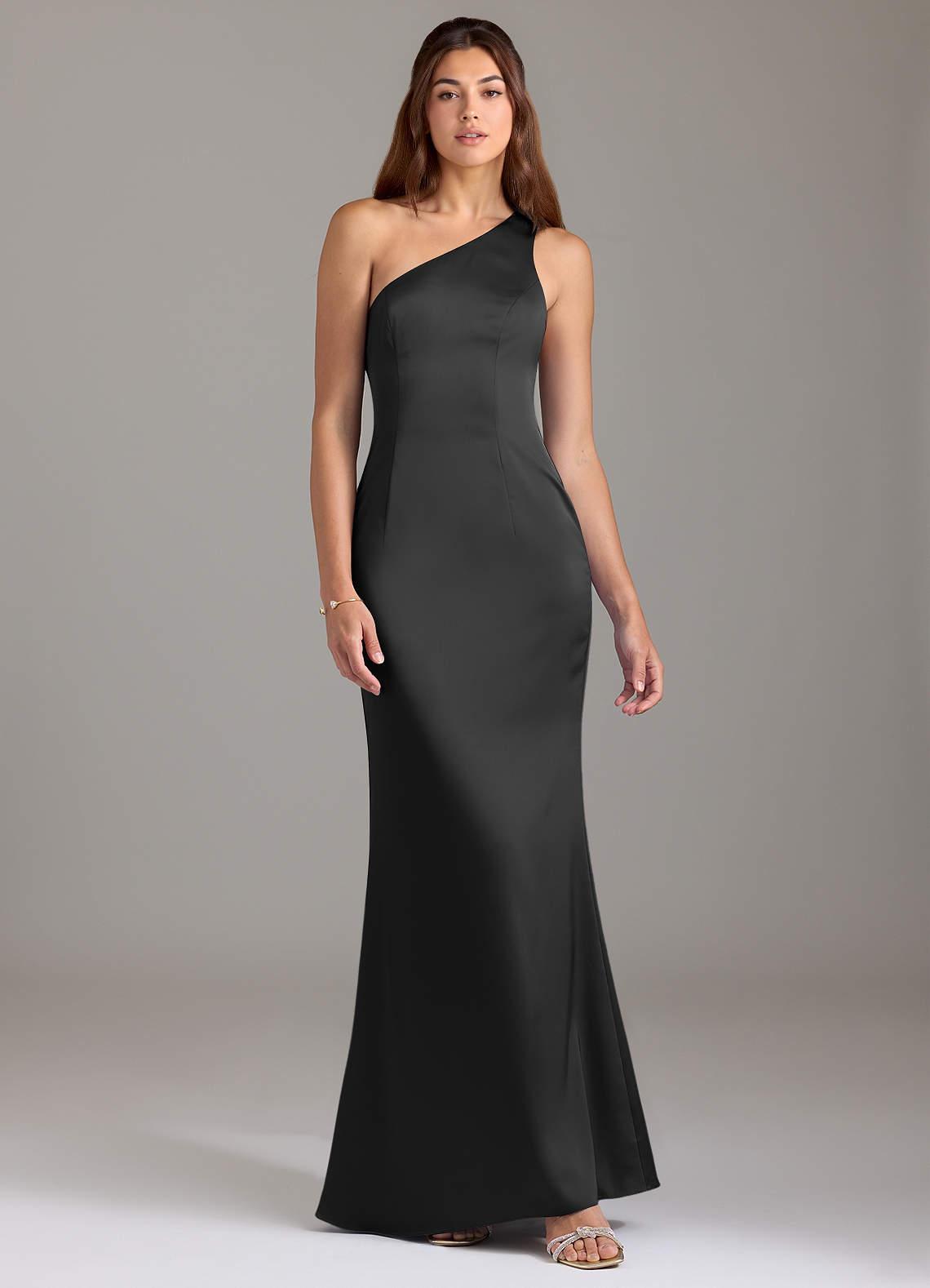 Azazie Arleth Bridesmaid Dresses Black A-Line One Shoulder Stretch Satin Dress image1