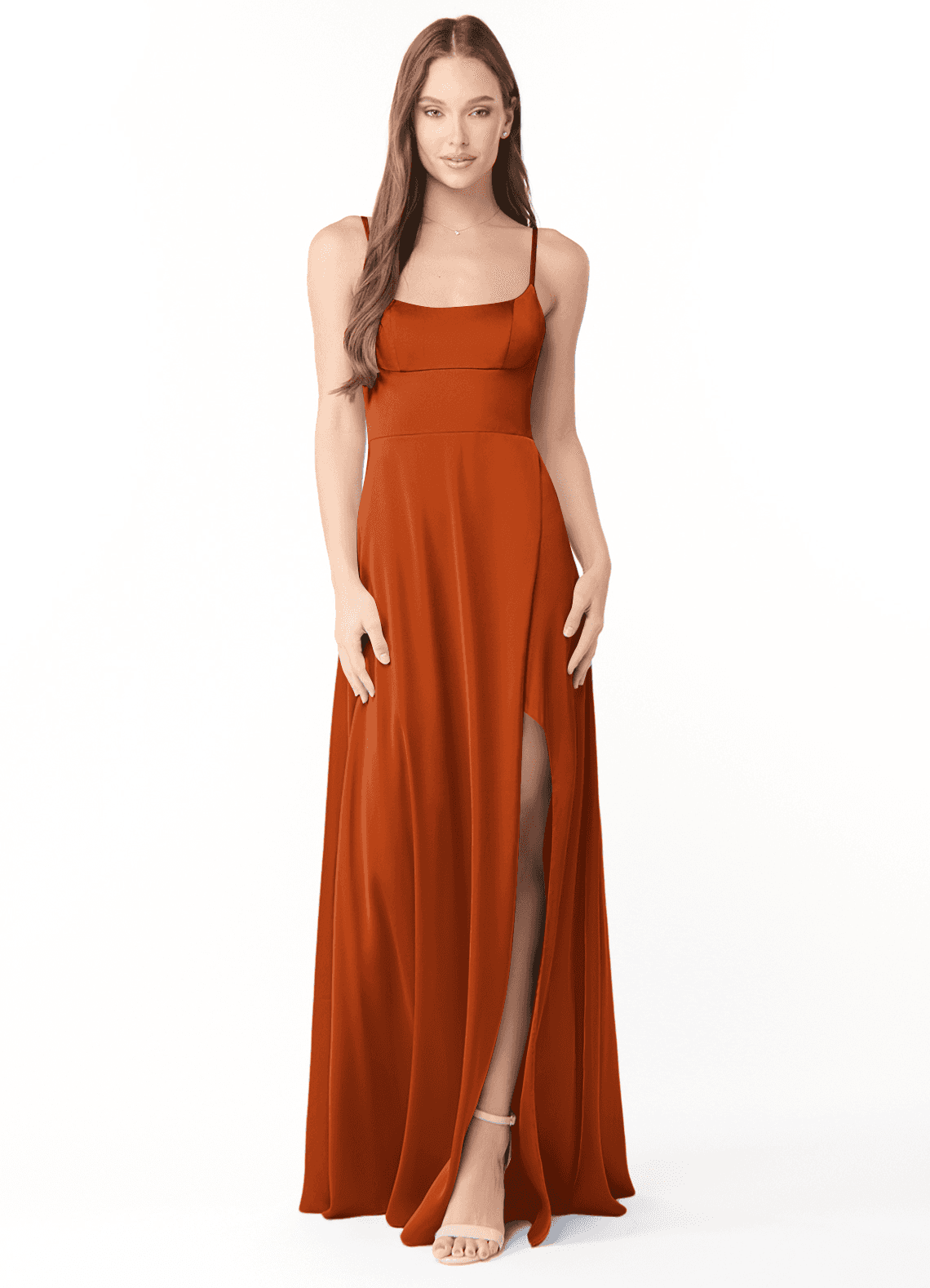 Azazie Halsey Bridesmaid Dresses Burnt Orange Sheath Side Slit Stretch Satin Dress image1