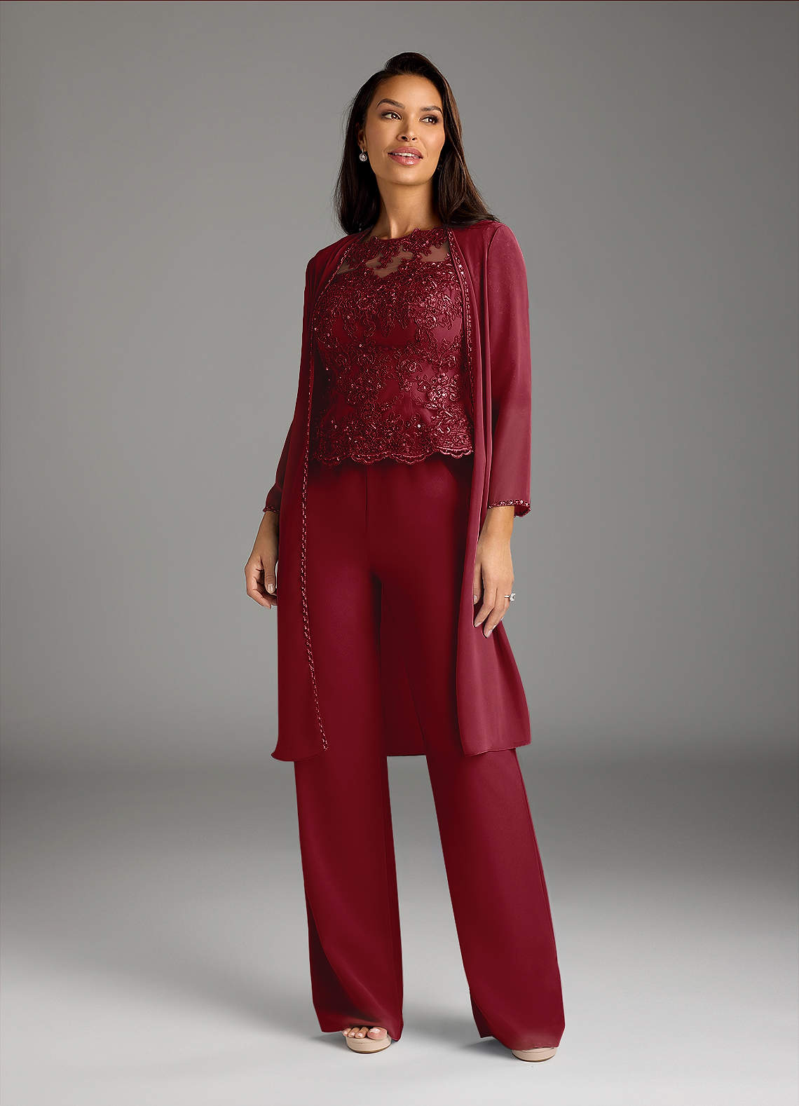 Azazie Florida Mother of the Bride Dresses Burgundy Jumpsuit/Pantsuit Sequins Chiffon Dress image1