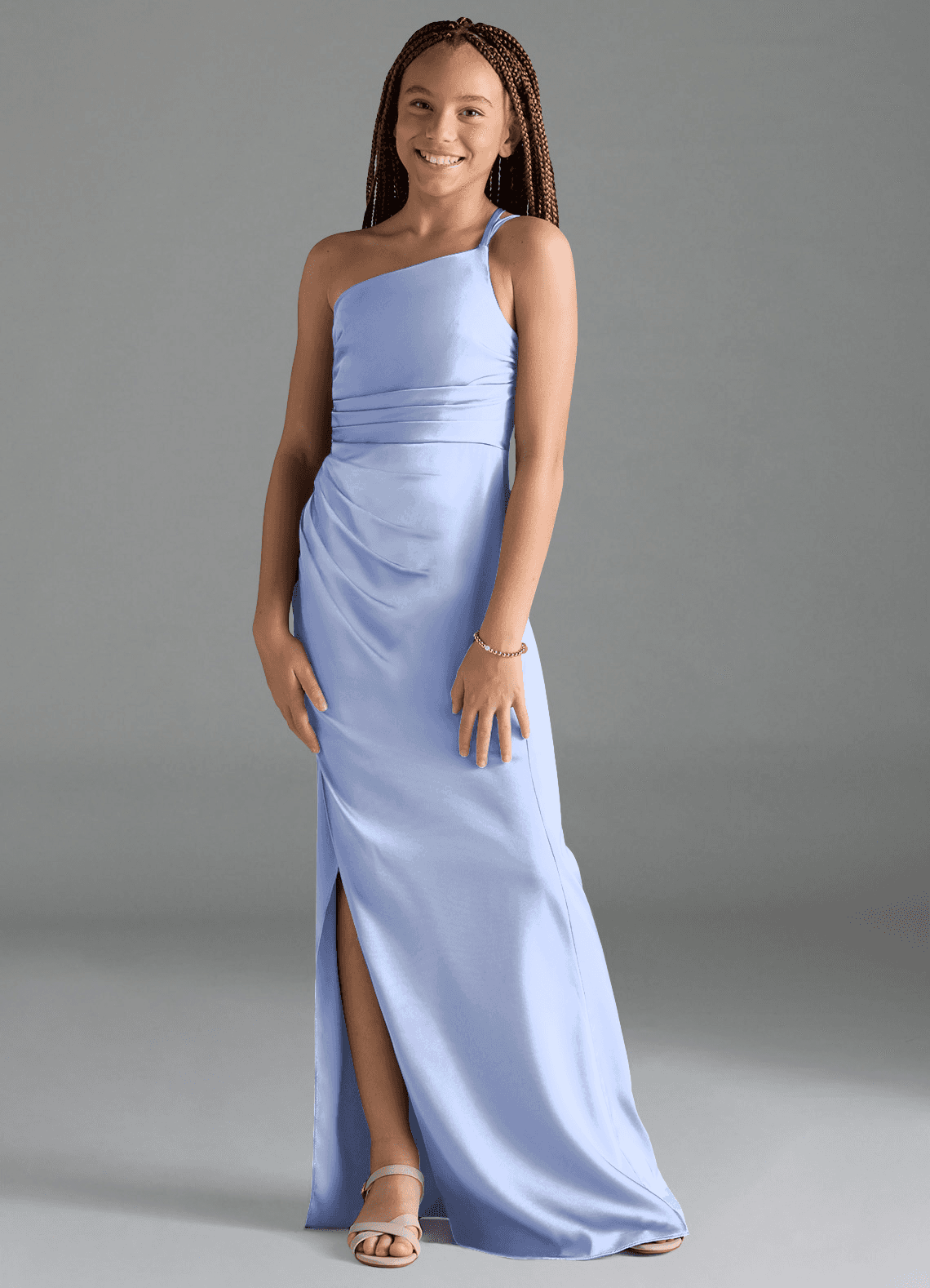 Azazie Eren Junior Ice Sheath Pleated Stretch Satin Dress image1