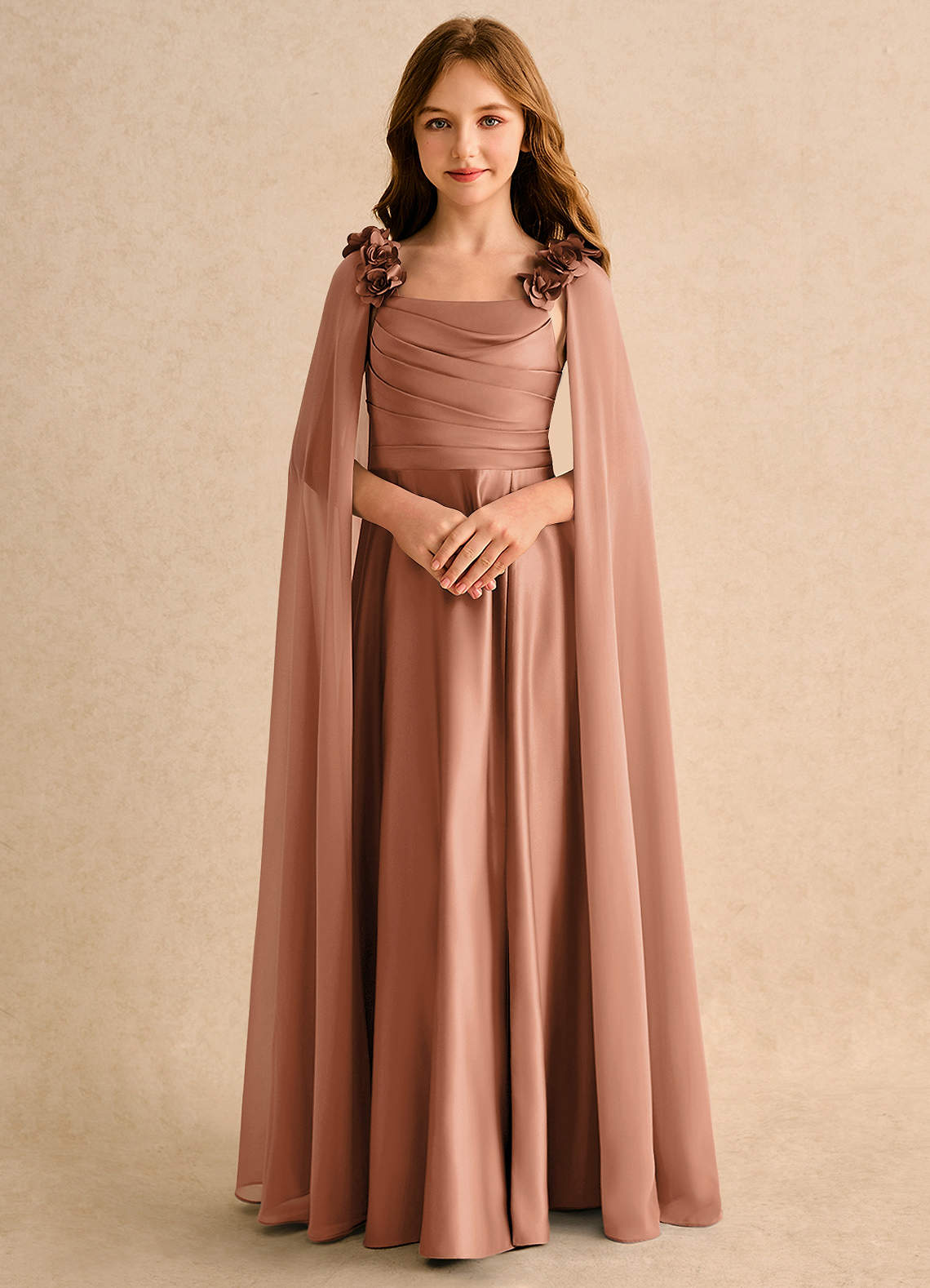Azazie Rosita Girls Formal 플라워 걸 드레스 A라인 주름진 매트 새틴 플로어 길이 드레스 image4