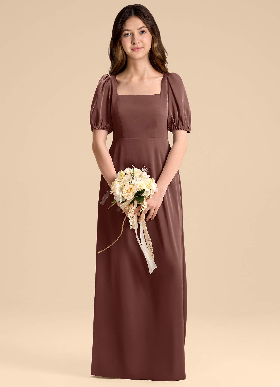 Azazie Briar Junior Vestido de Expresado de Satén Elástico de Corte en A con Lazo image1