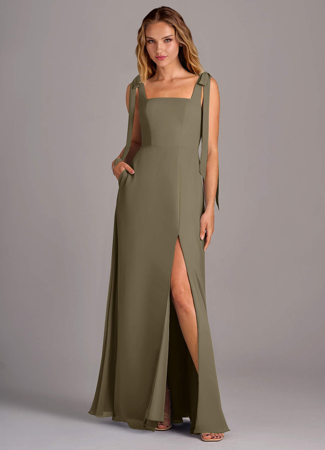 Azazie Debra Bridesmaid Dresses Willow Green A-Line with Pockets Chiffon Convertible Dress image1