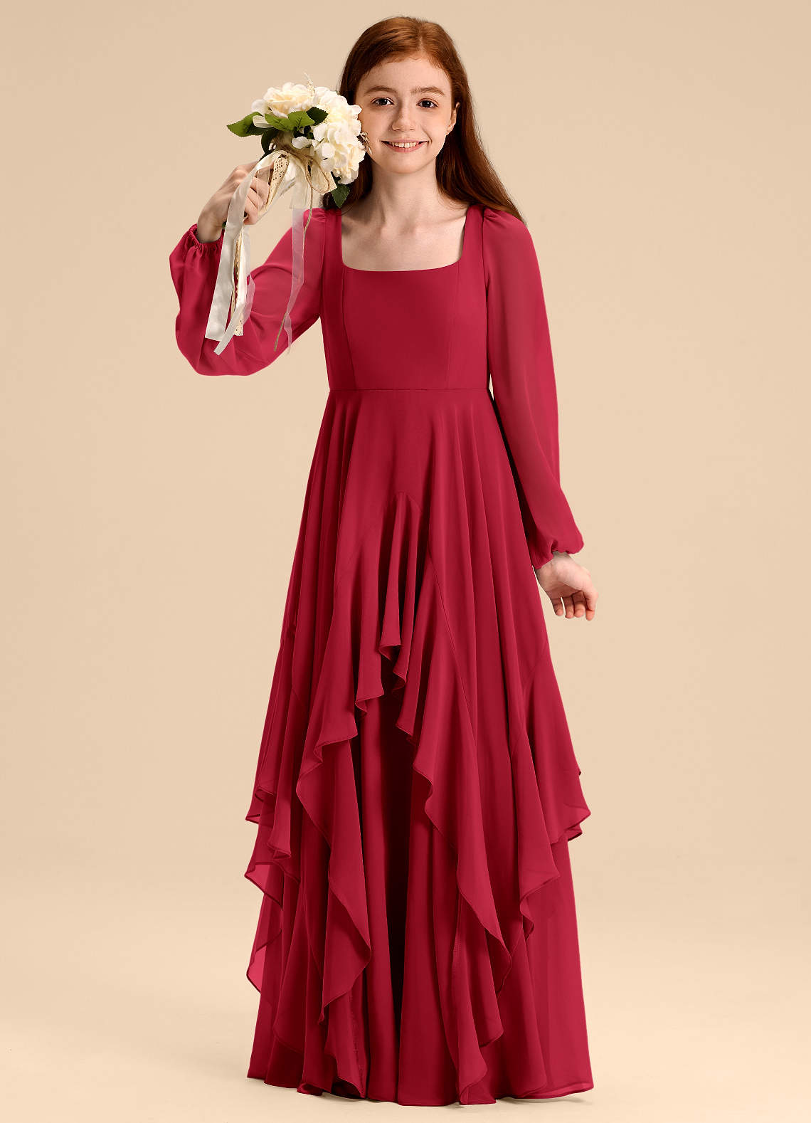 Azazie Clara Junior Scarlet A-Line Blouson Chiffon Dress image1