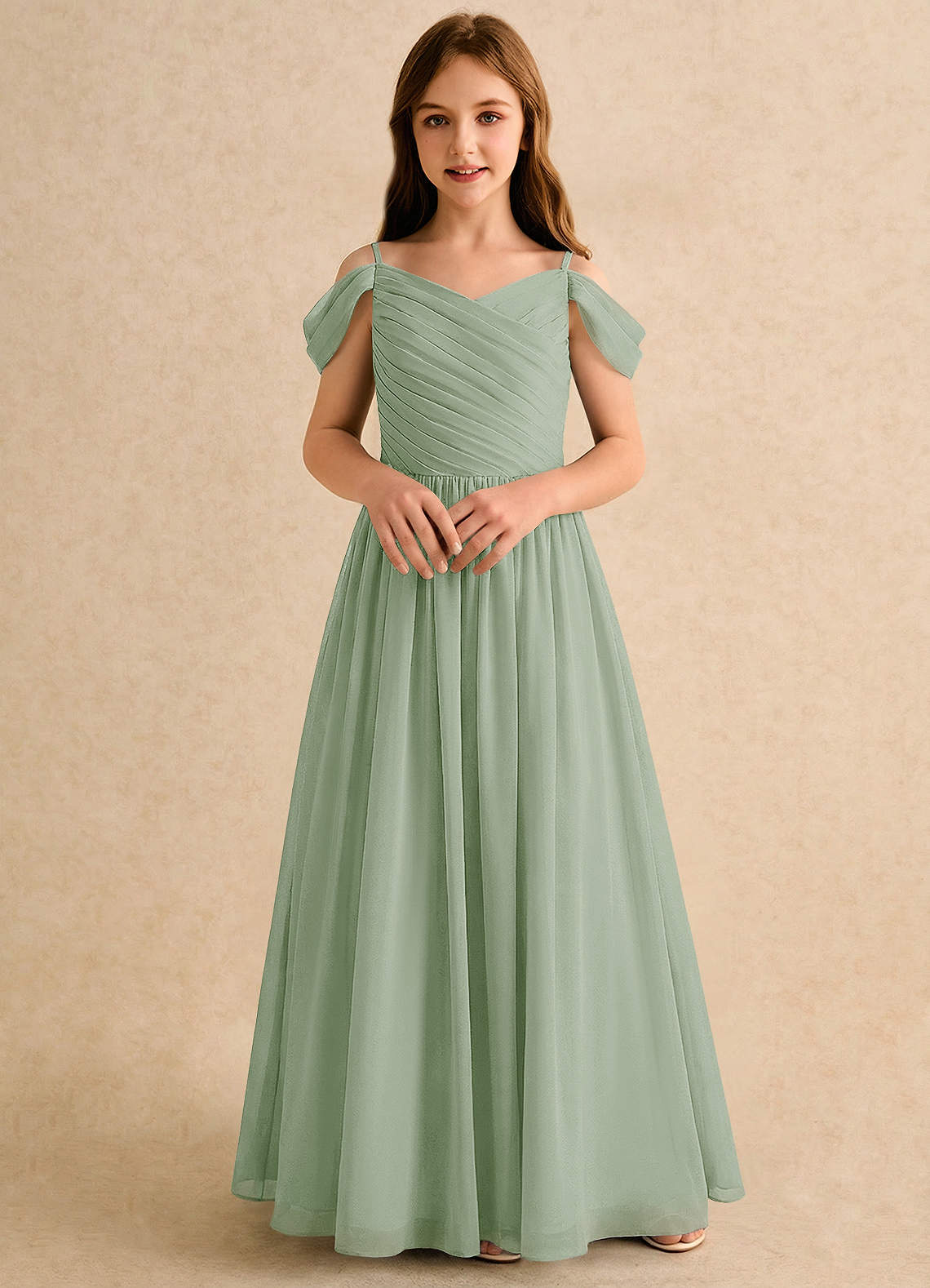 Azazie Chelo Girls Formal Flower Girl Dresses Dusty Sage A-Line Pleated Chiffon Dress image3
