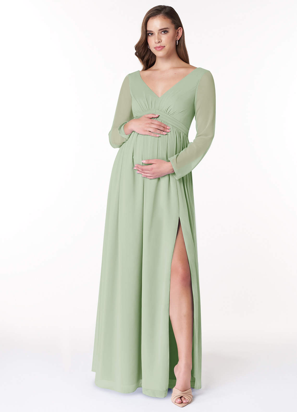 Azazie Teton1 vestidos de dama de honor de maternidad Vestido de Acampanado Manga larga Largo hasta el piso Stretch Satin image1