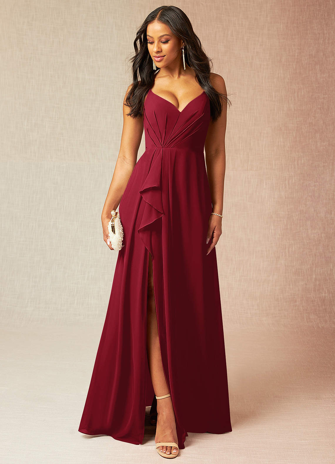 Azazie Kyedae Bridesmaid Dresses Burgundy A-Line V-Neck Pleated Chiffon Dress image1