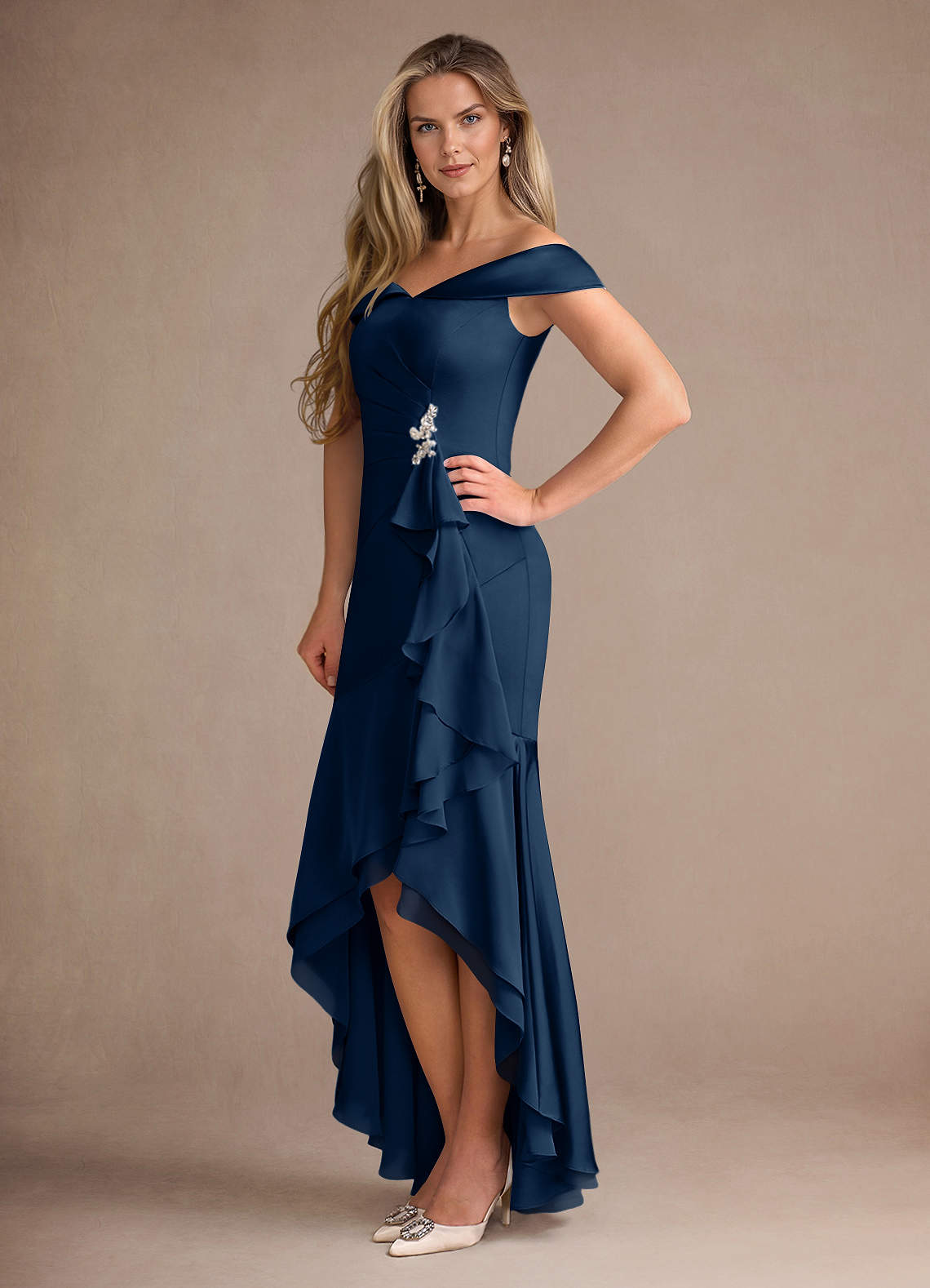 Azazie Billings Mother of the Bride Dresses Dark Navy Mermaid Off the Shoulder Stretch Satin Dress image1