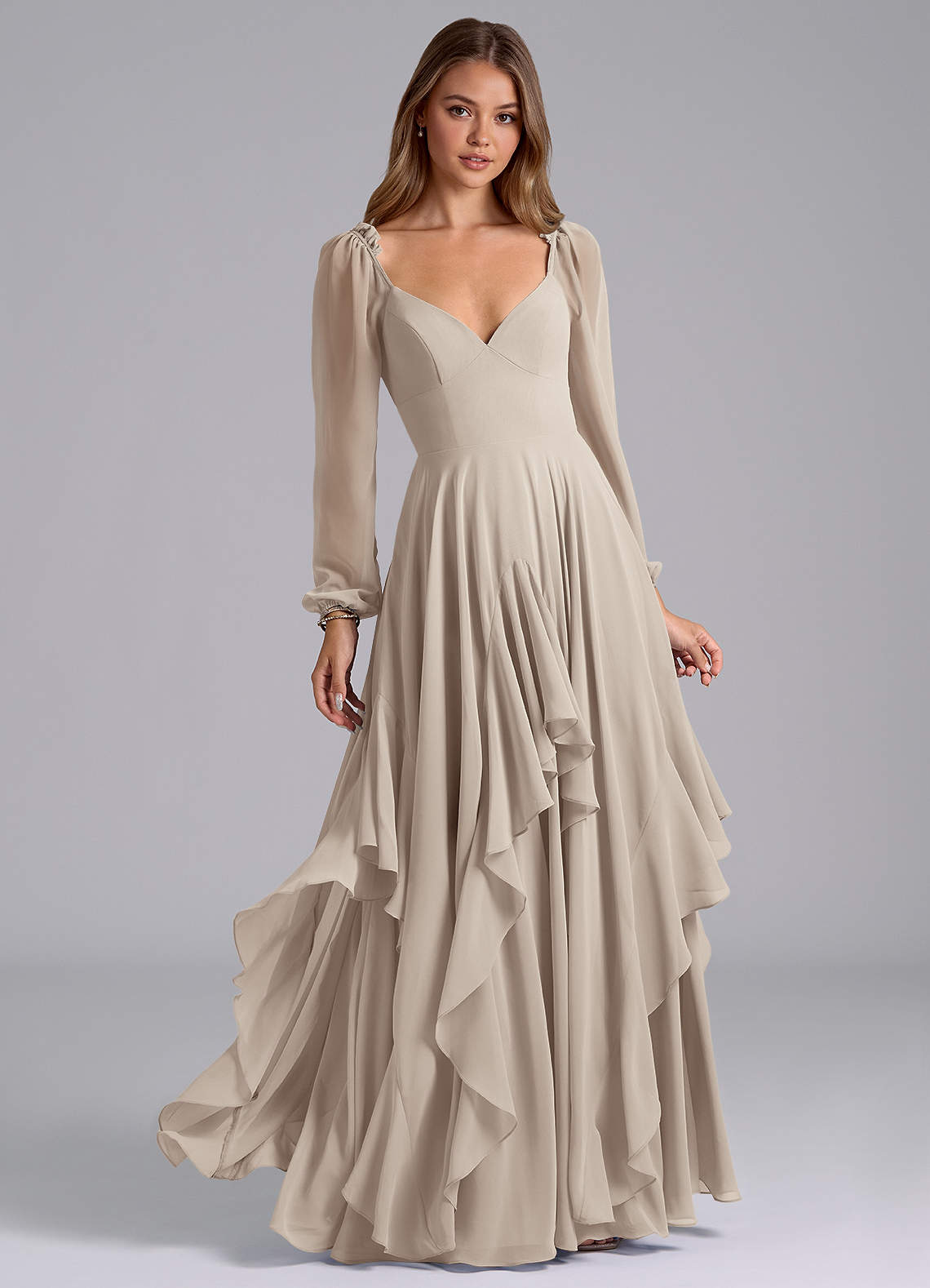 Azazie Karan Bridesmaid Dresses Frost A-Line Long Sleeve Chiffon Dress image1