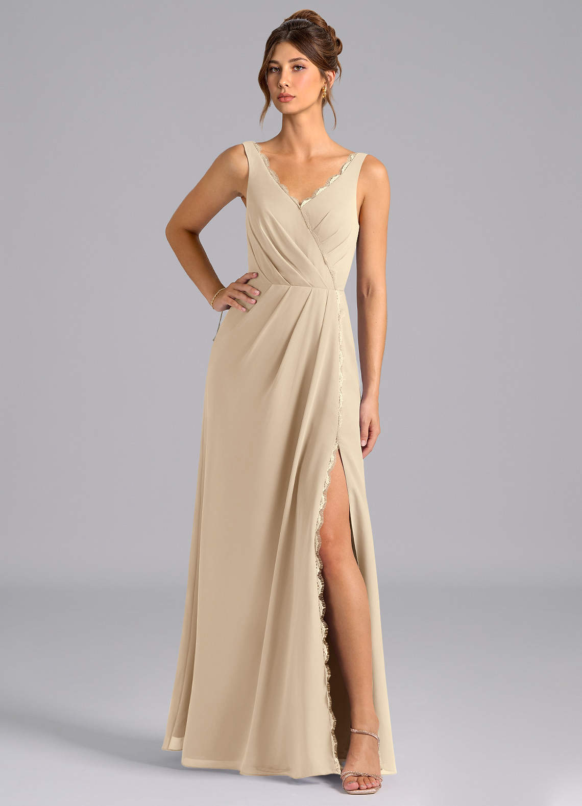 Azazie Bernice Bridesmaid Dresses Champagne A-Line Pleated Chiffon Dress image1
