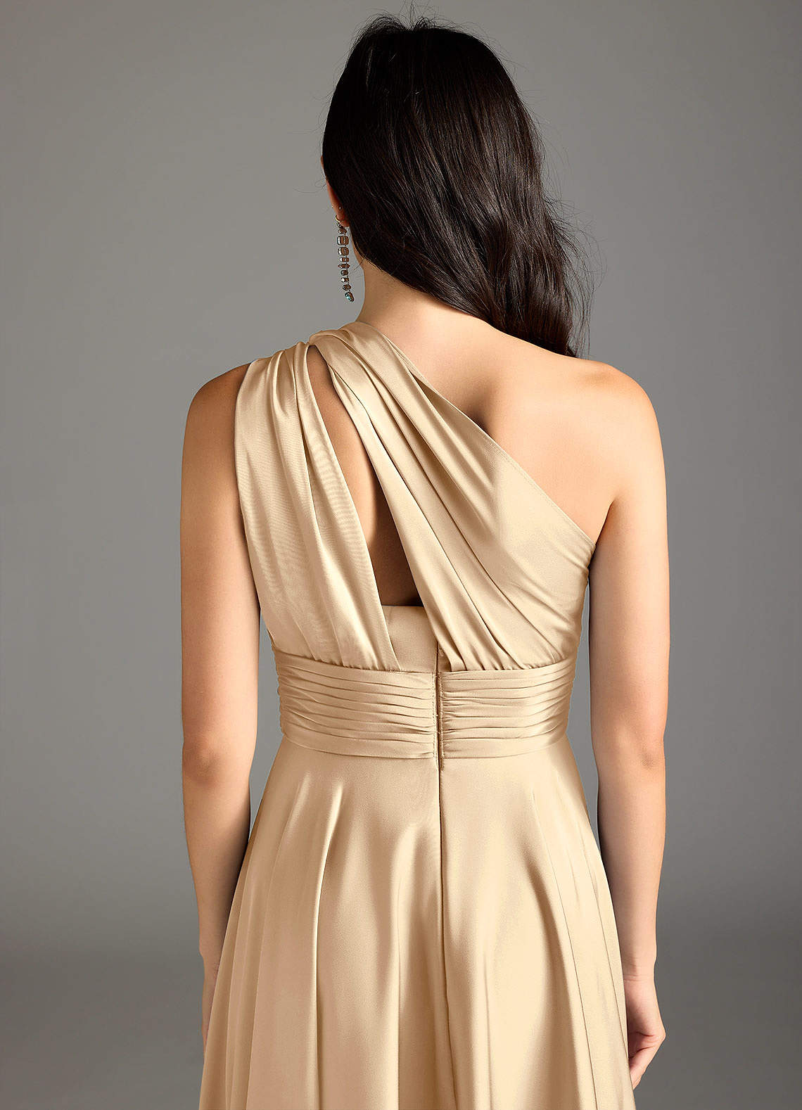 Azazie Charlize Bridesmaid Dresses Champagne A-Line One Shoulder Stretch Satin Dress image7