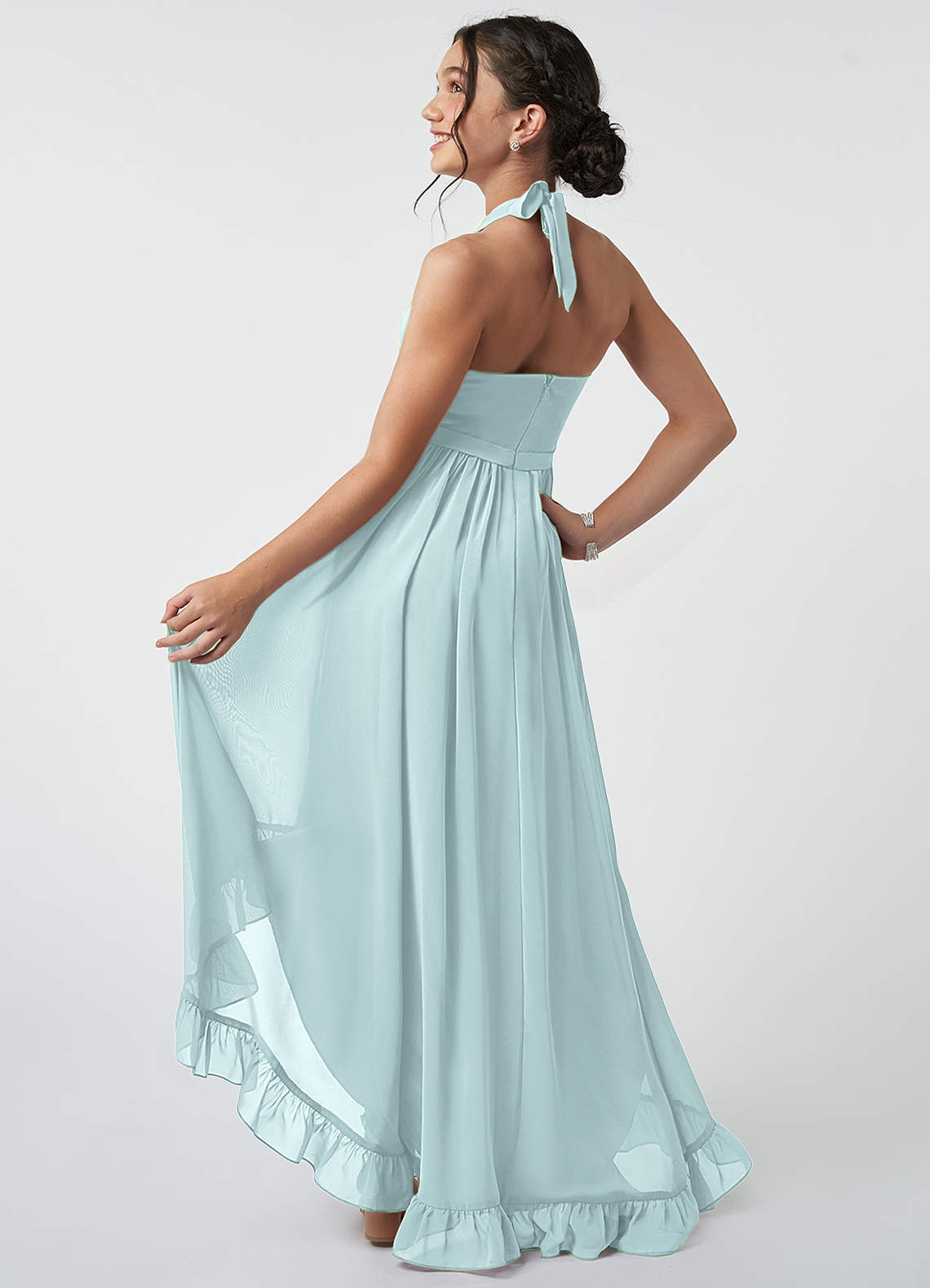Azazie Hermione Junior Abito A-Line in Chiffon Nebbia image4