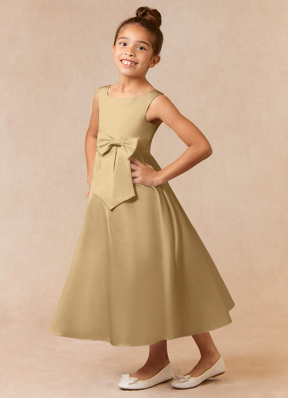 Azazie Lindy Flower Girl Dresses Gold A-Line Pleated Matte Satin Dress image1