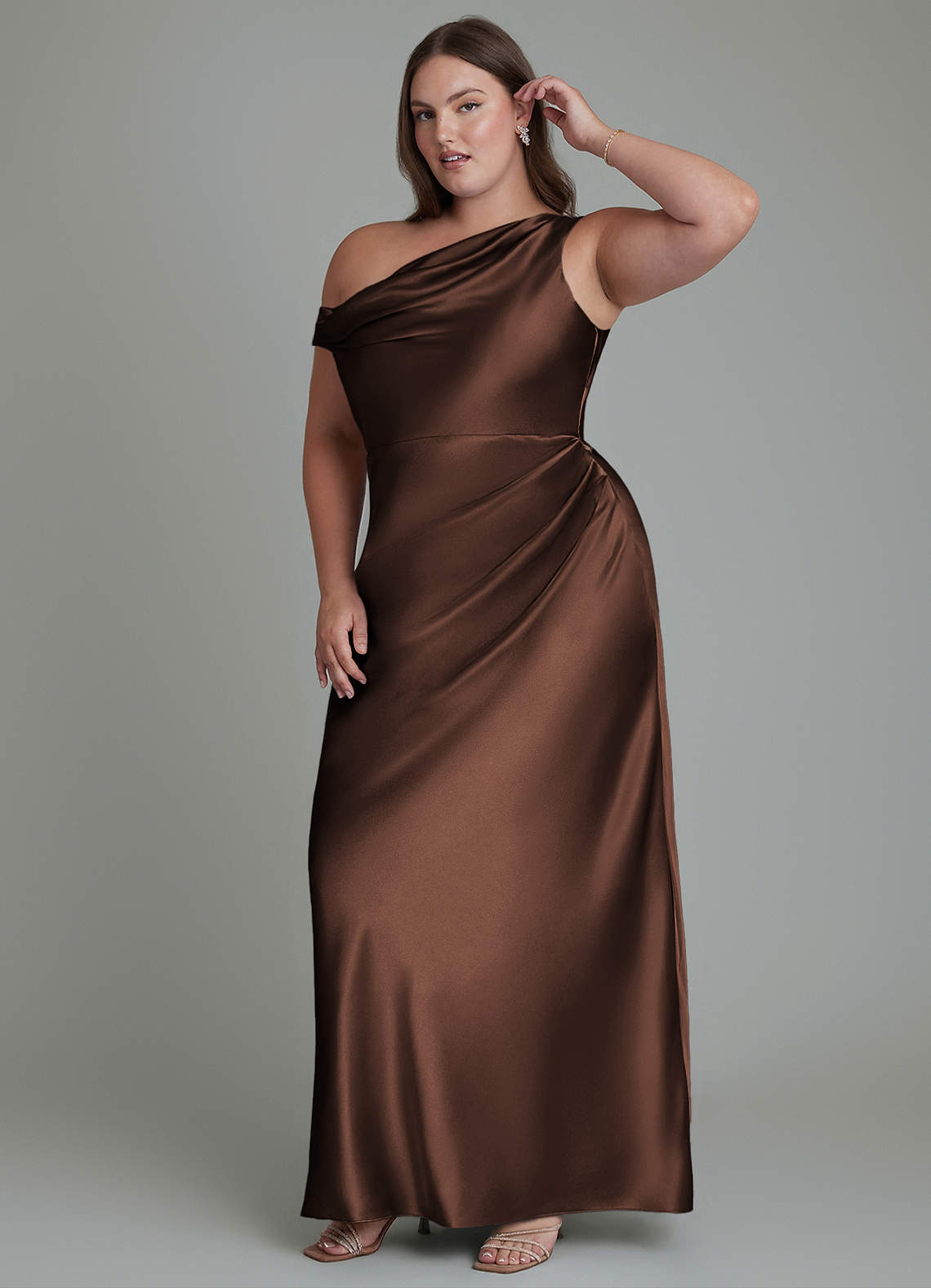 Azazie Emerson Bridesmaid Dresses Ganache Mermaid Off the Shoulder Metallic Satin Dress image10