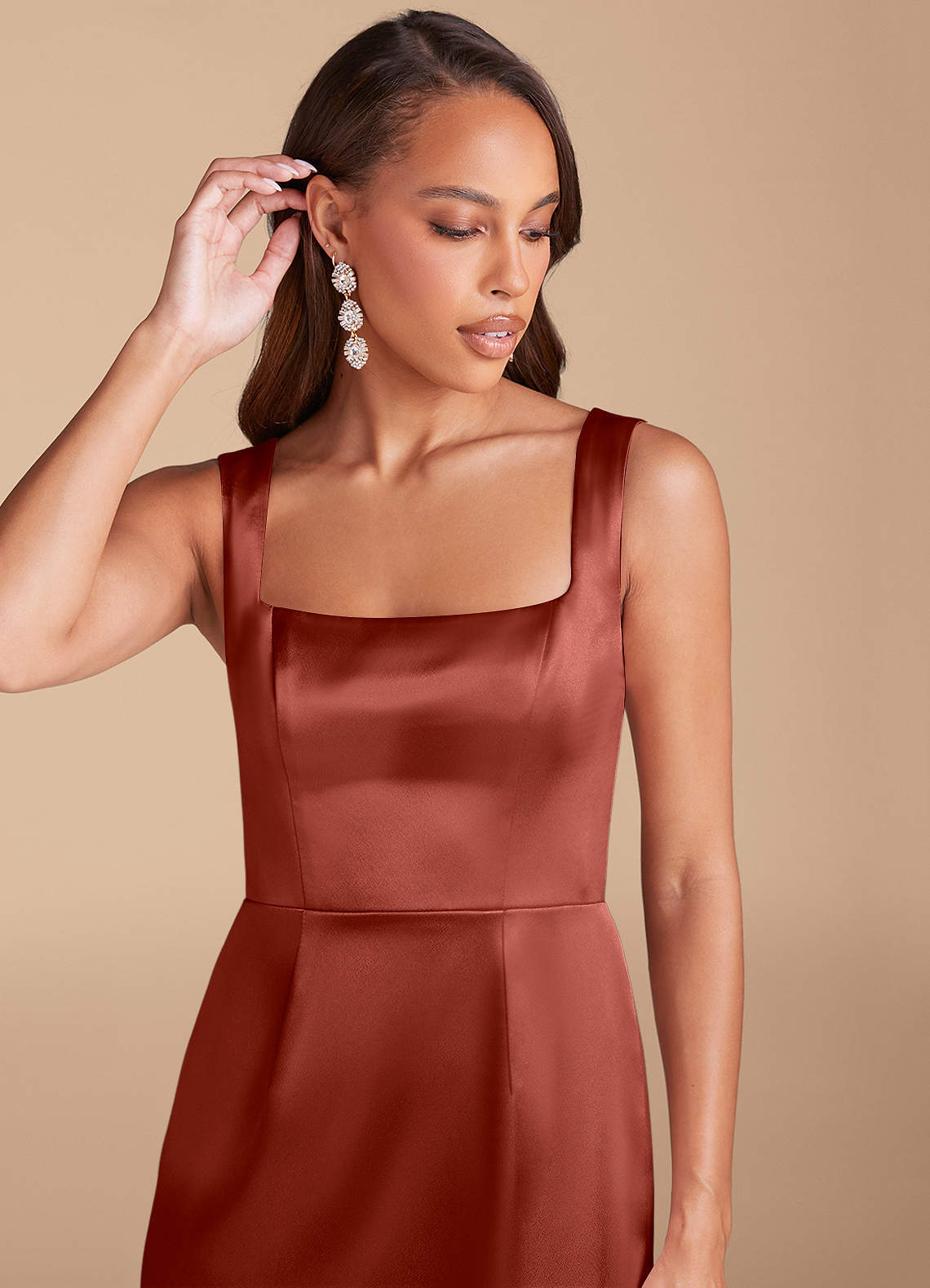 Azazie Flori Bridesmaid Dresses Terracotta Sheath Side Slit Metallic Satin Dress image1