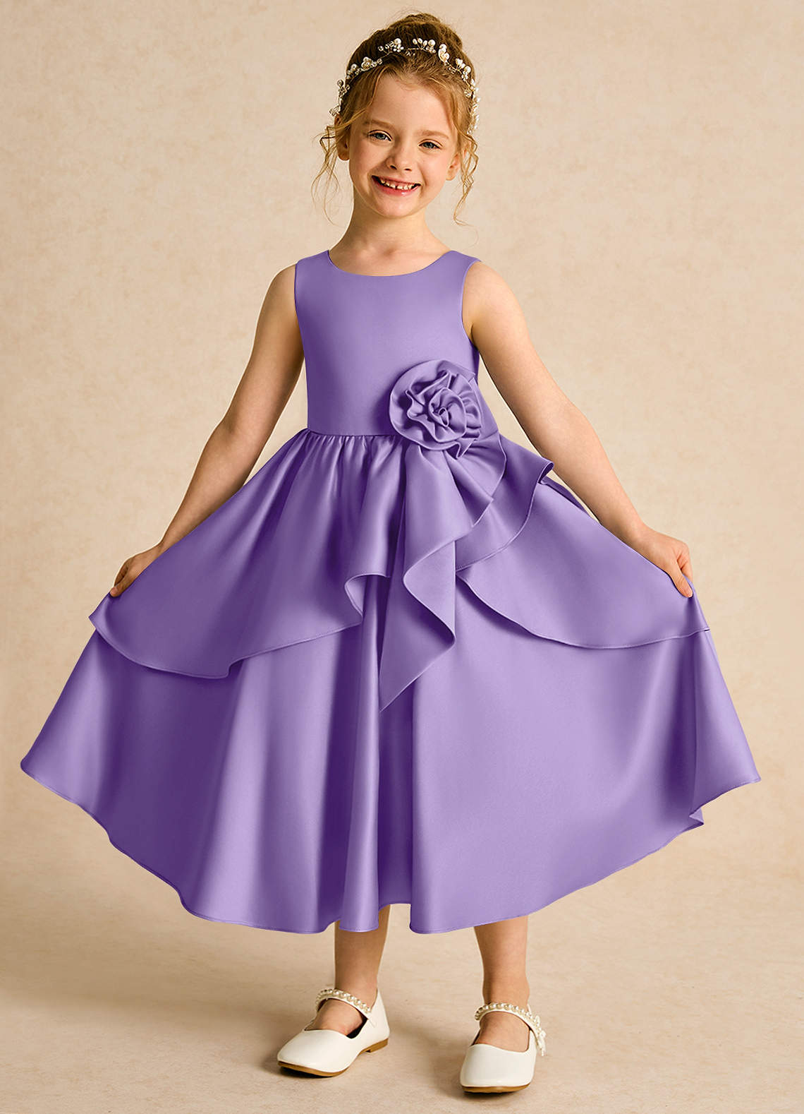 Azazie Hermia Flower Girl Dresses Tahiti A-Line Sleeveless Matte Satin Dress image1
