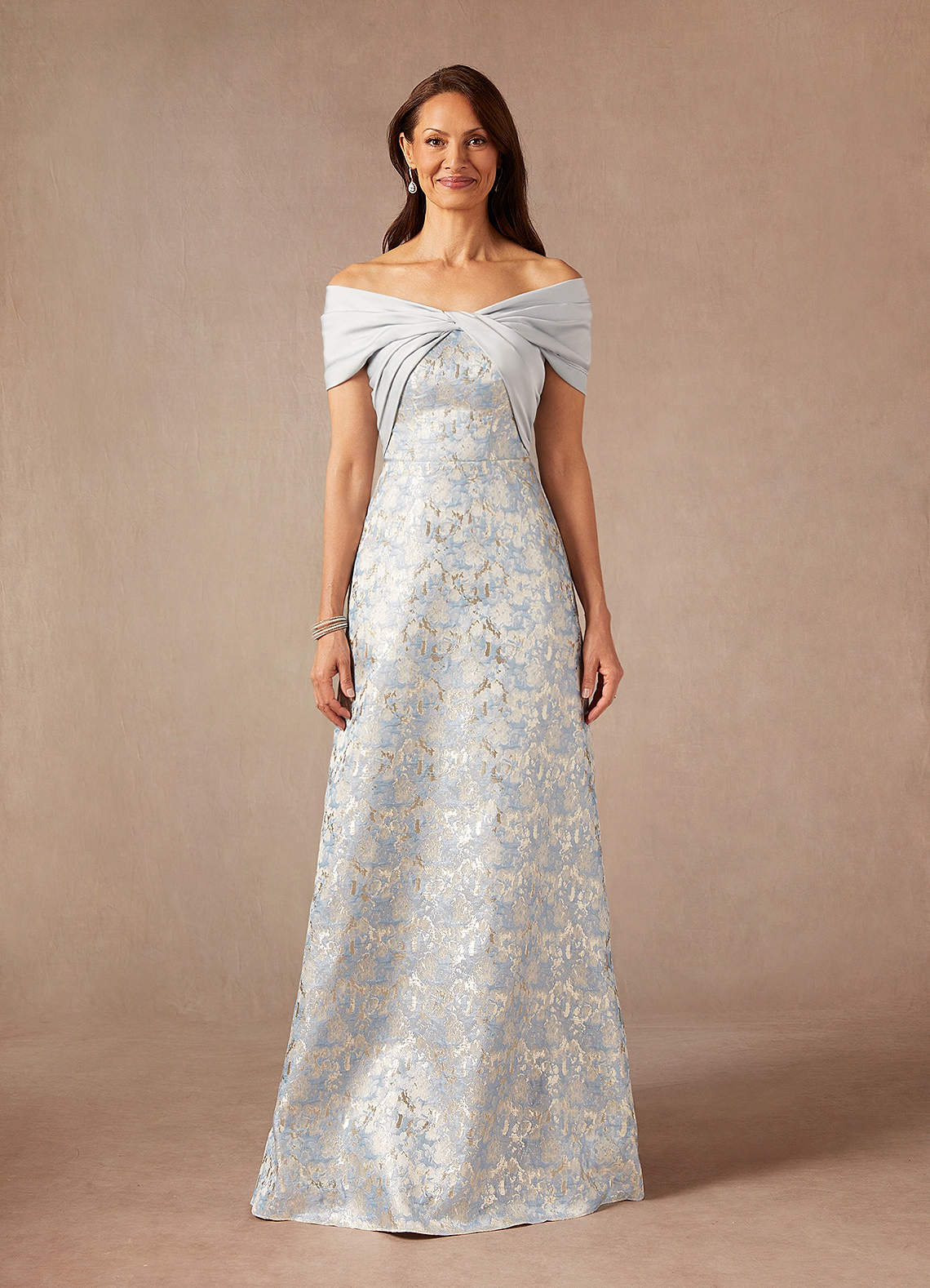 Azazie Amelia Mother of the Bride Dresses Dusty Blue A-Line Off the Shoulder Jacquard Dress image2