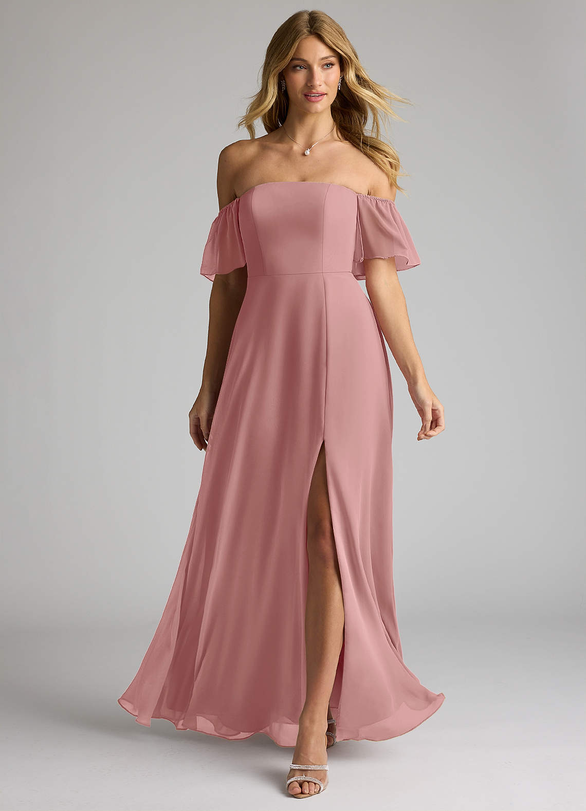 Azazie Sue Bridesmaid Dresses Dusty Rose A-Line Off the Shoulder Chiffon Convertible Dress image1