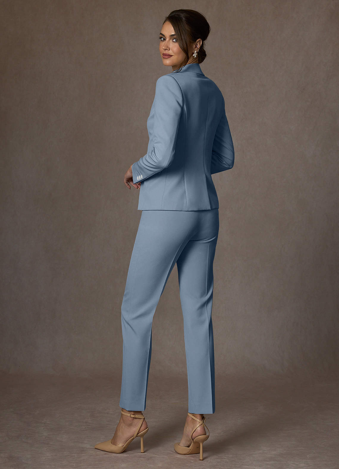 front Whitney Dusty Blue Structured Stretch Full Length Pants Suit