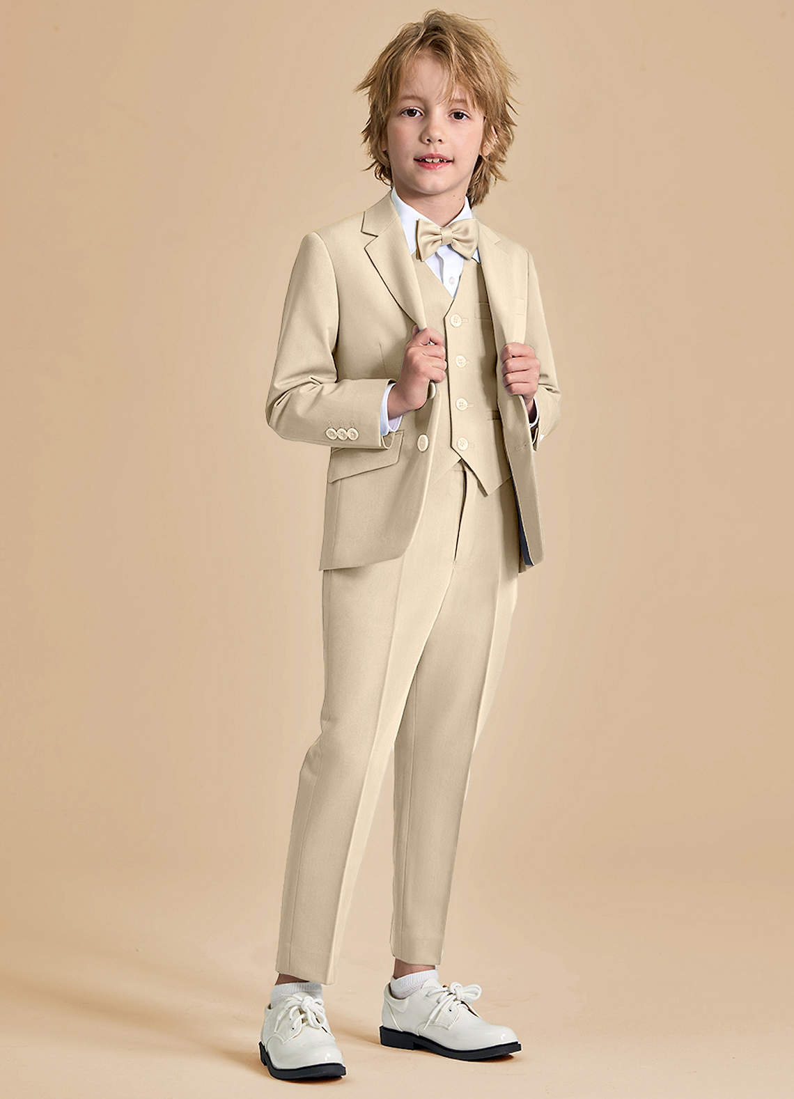 front Oliver Boys Tan 5-Piece Suit With Bow Tie