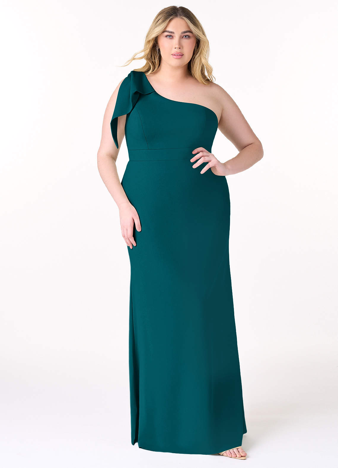 Azazie Rinna Bridesmaid Dresses Peacock Mermaid One Shoulder Stretch Crepe Dress image1