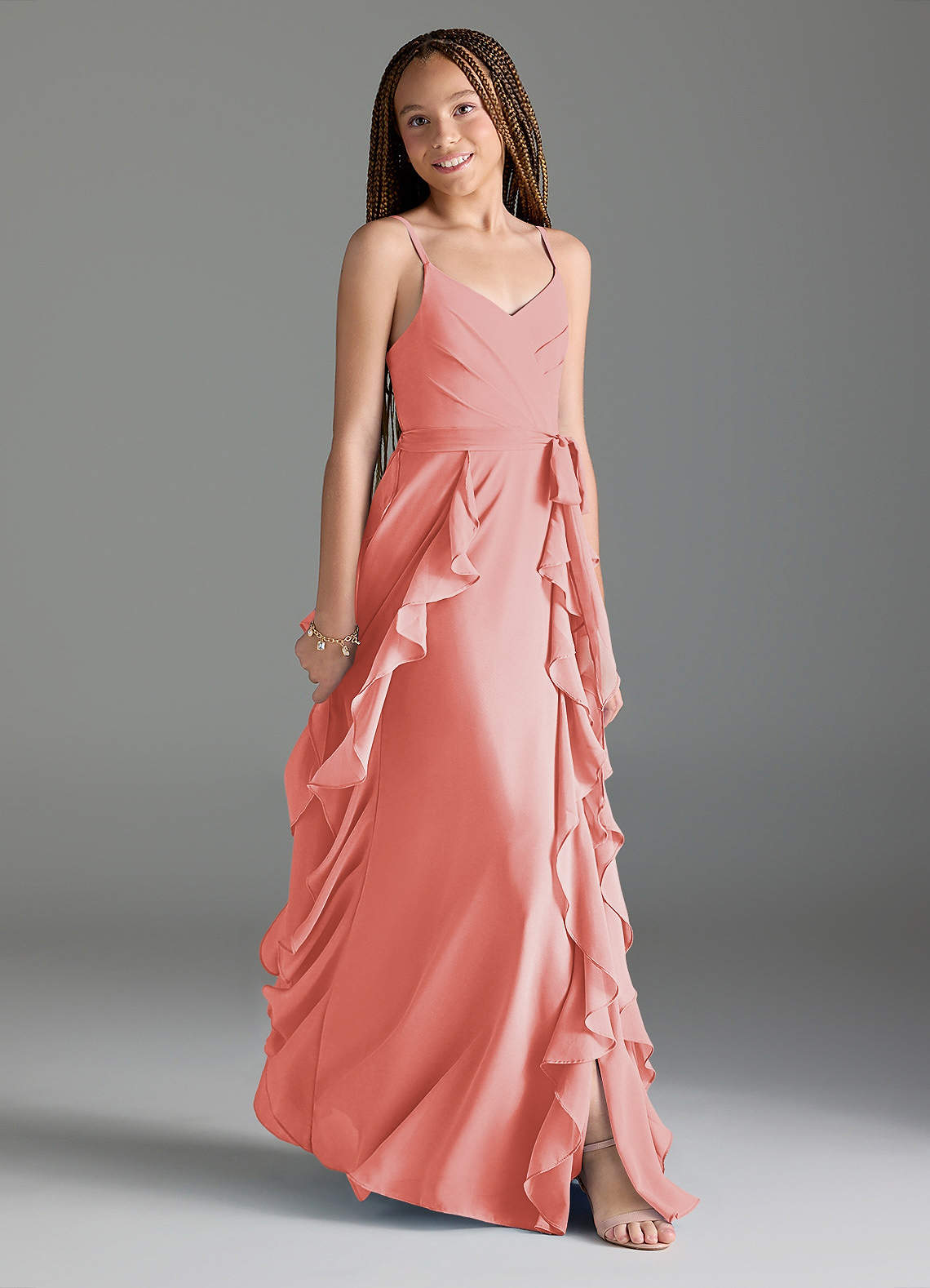 Azazie Peyton Junior Vestido Coral de Chiffon de Linha A com Plissado image2