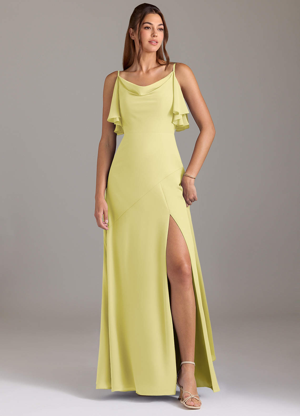 Azazie Darcia Bridesmaid Dresses Lemon Sorbet A-Line Side Slit Chiffon Dress image1