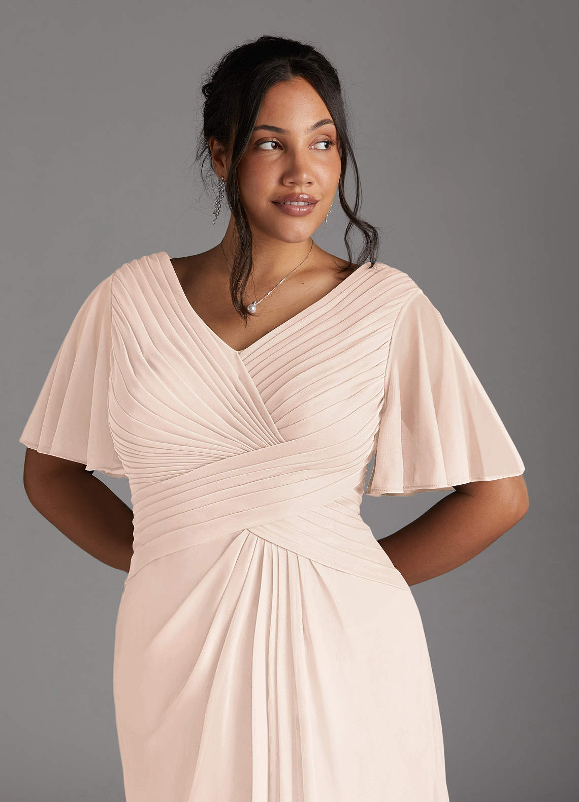 Azazie Emmeline Mother of the Bride Dresses Blushing Pink A-Line V-Neck Pleated Mesh Dress image8