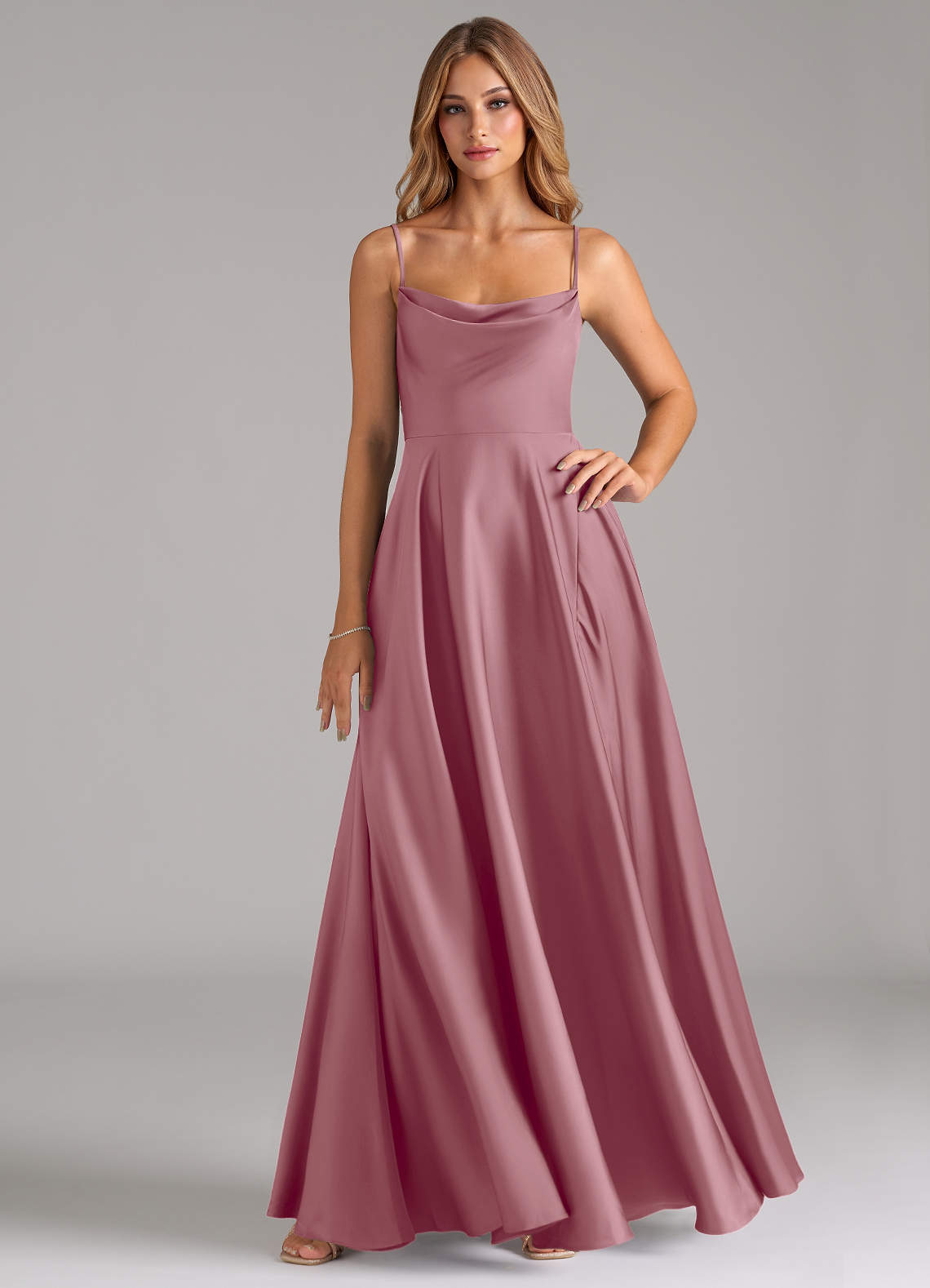 Azazie Elle Bridesmaid Dresses Vintage Mauve A-Line Pleated Stretch Satin Dress image1