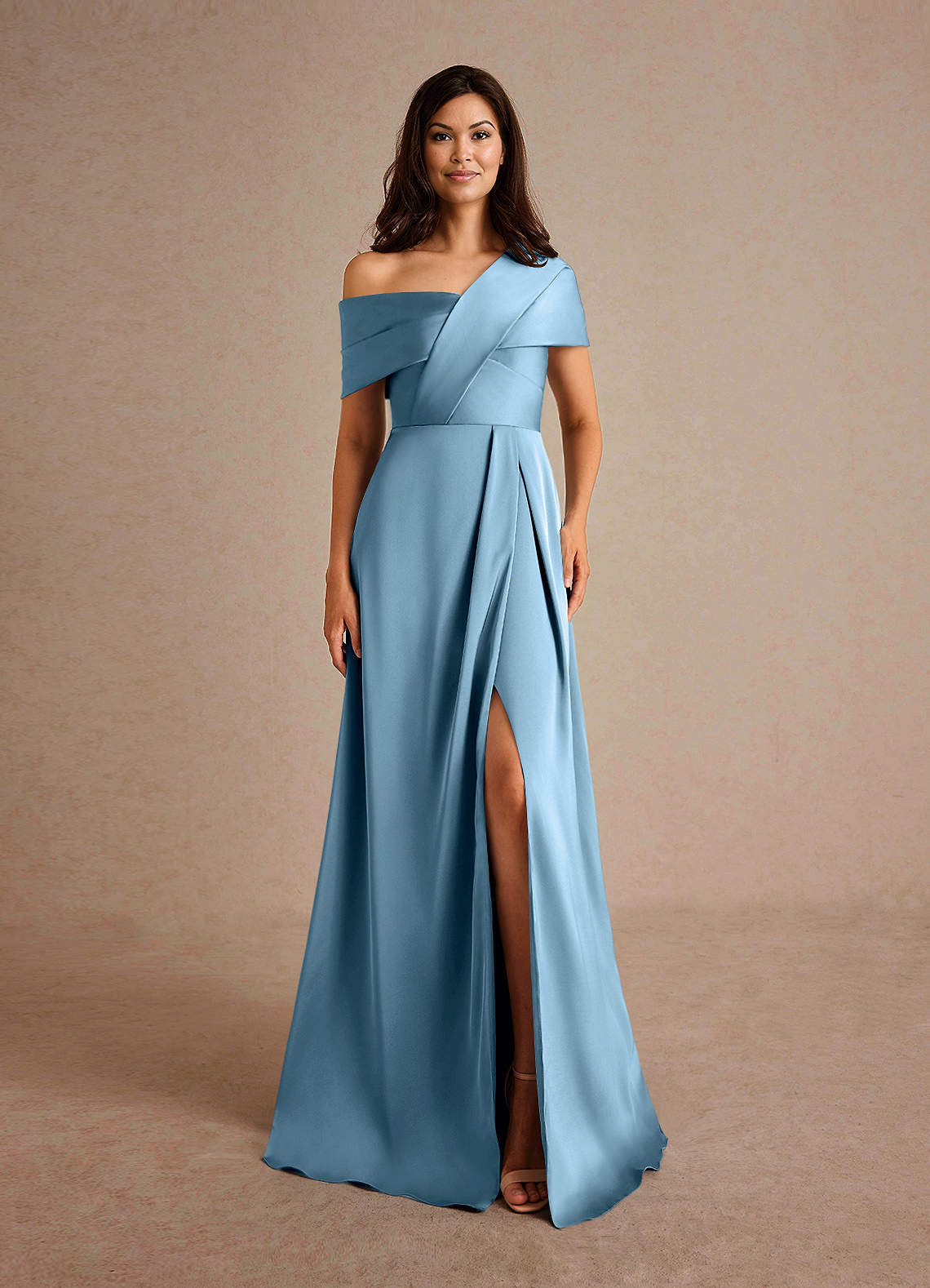 Azazie Milton Mother of the Bride Dresses Steel Blue A-Line Pleated Stretch Satin Dress image6