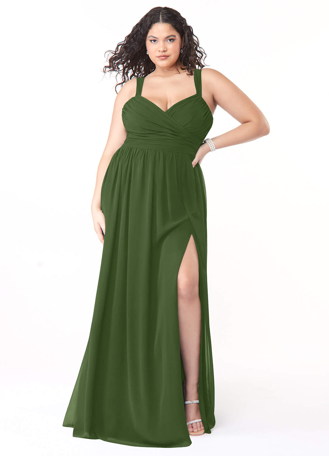 azazie olive green bridesmaid dresses Plus Size A-Line V-Neck Floor-Length Chiffon Available in Plus Size smarttag_size_in_stock:            6 Women's PLT Label Black Color::#26-Cream