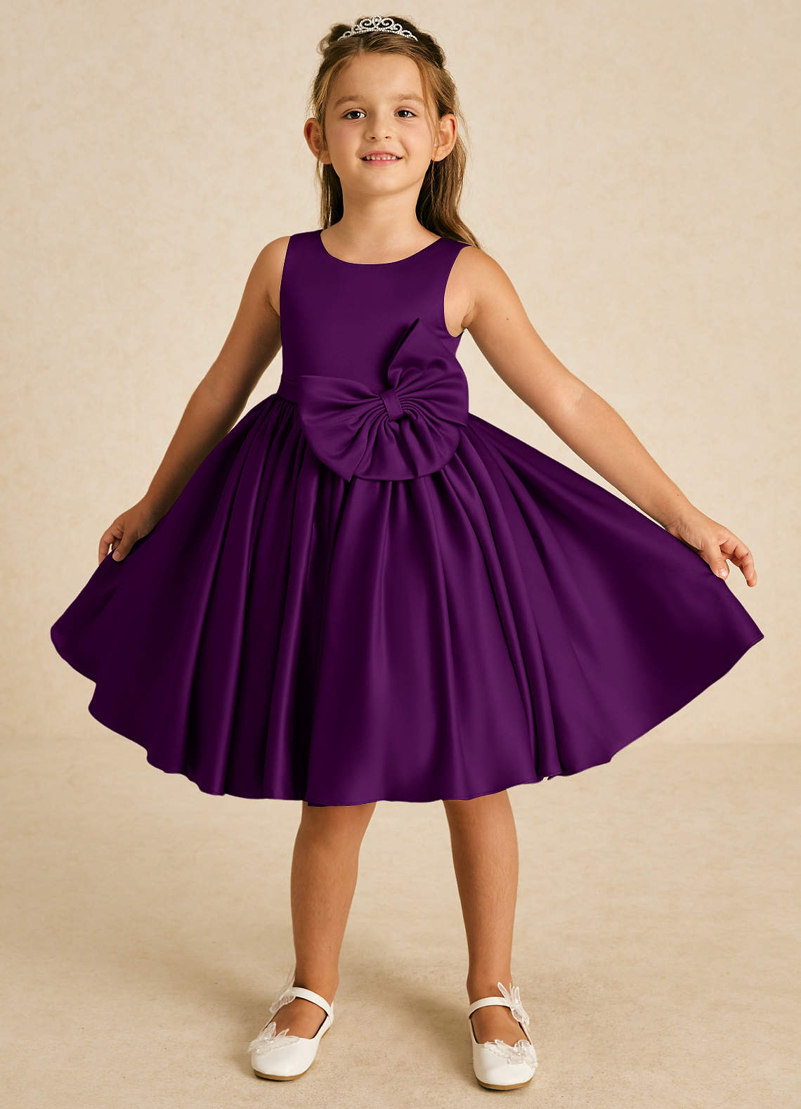 Azazie Apple Flower Girl Dresses Grape A-Line Bow Matte Satin Dress image1