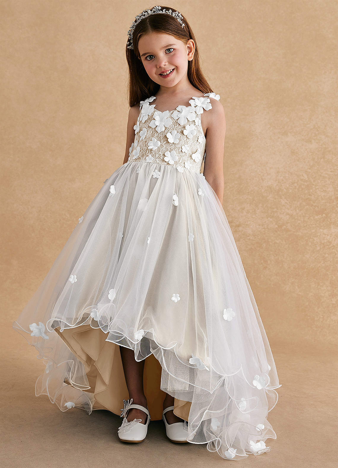 Azazie Celia Flower Girl Dresses Champagne A-Line Lace Tulle Dress image4