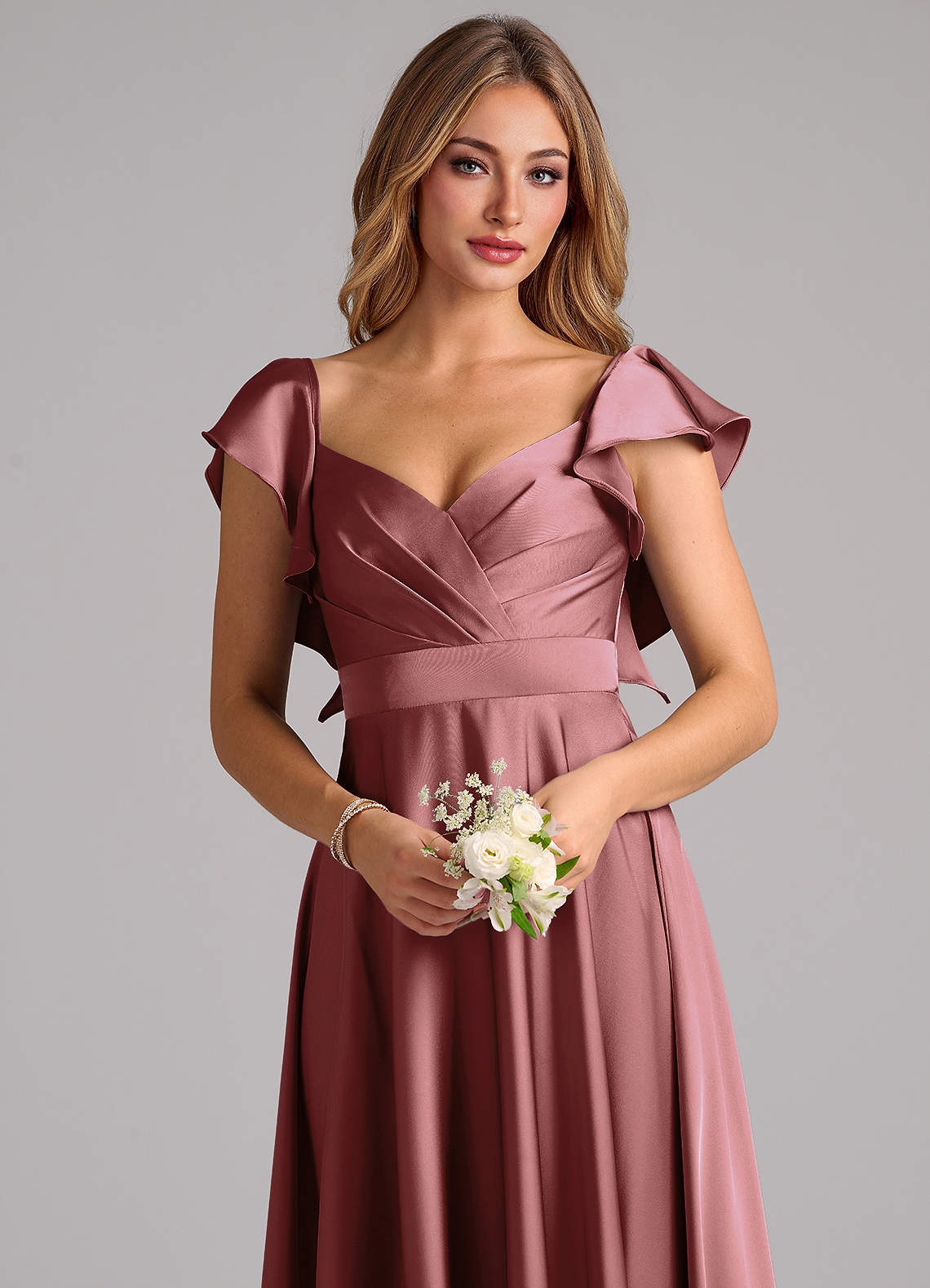 Azazie Leilani Bridesmaid Dresses Amethyst A-Line Ruched Stretch Satin Dress image4