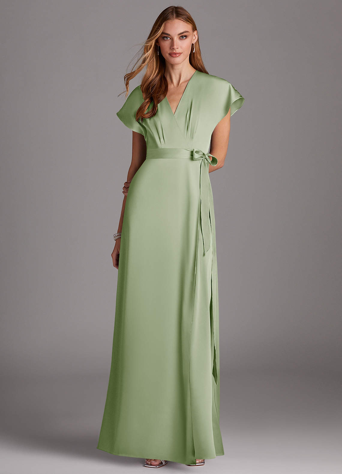 Azazie Nico Bridesmaid Dresses Dusty Sage A-Line V-Neck Stretch Satin Dress image1