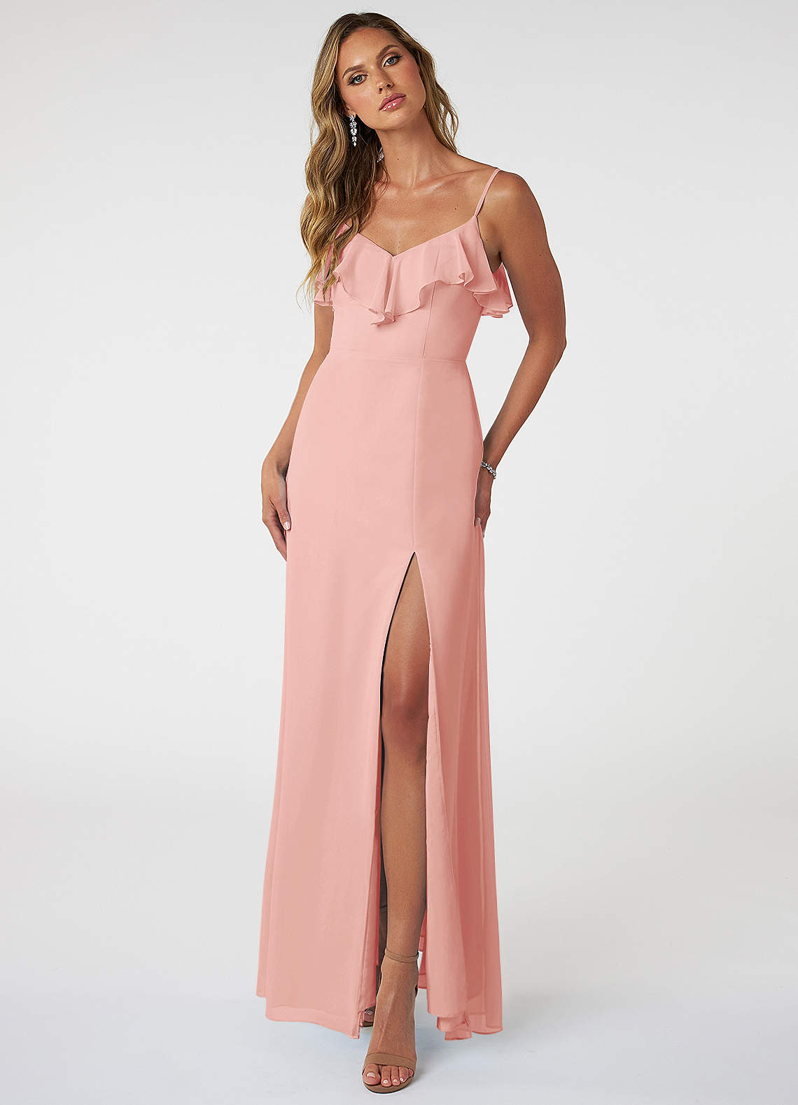 Azazie Natalia Brautjungfernkleider A-Linie Chiffon Kleid Rosettenrosa image1