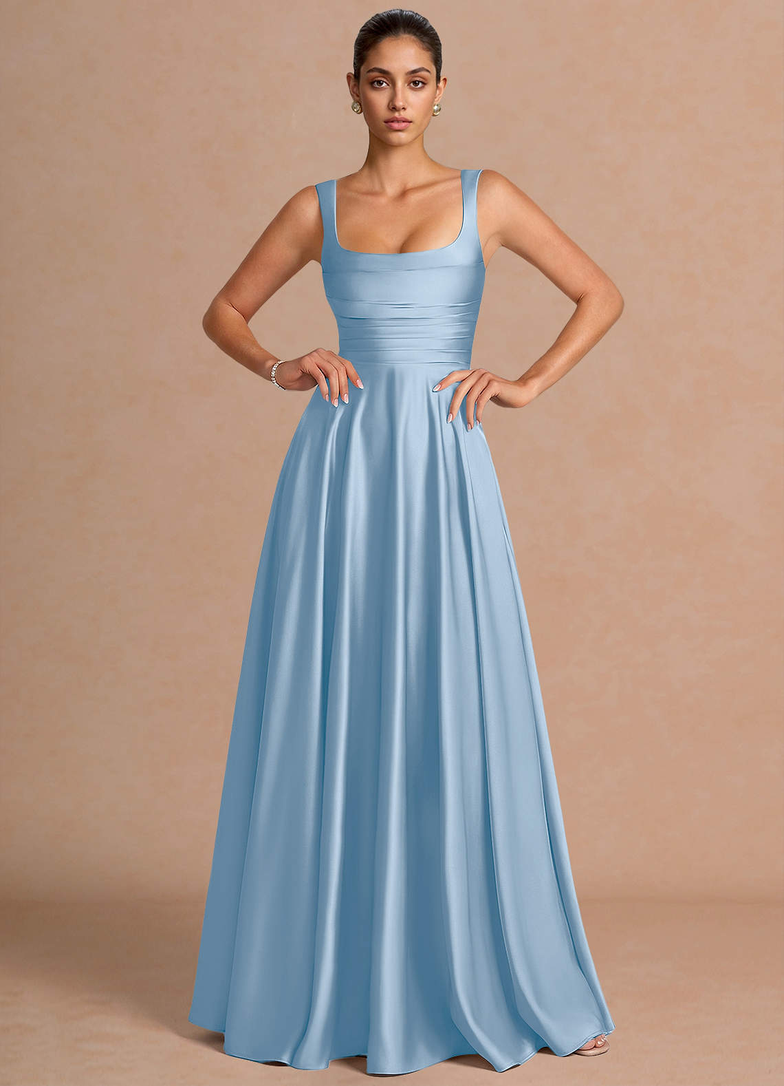 Azazie Maxi Dresses A-Line Wedding Guest Formal Semi-Formal Black Tie Dresses Square Haze blue