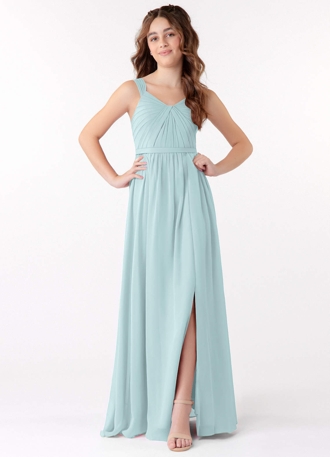 Azazie Evie Junior A-Linie Plissee Chiffon Kleid Nebel image1