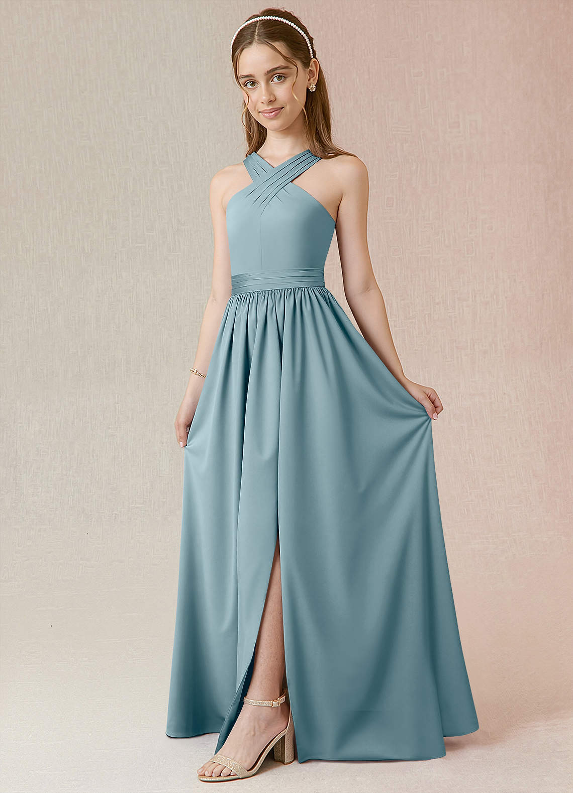 Azazie Jiya Junior Moody Blue A-Line Pleated Stretch Satin Dress image1