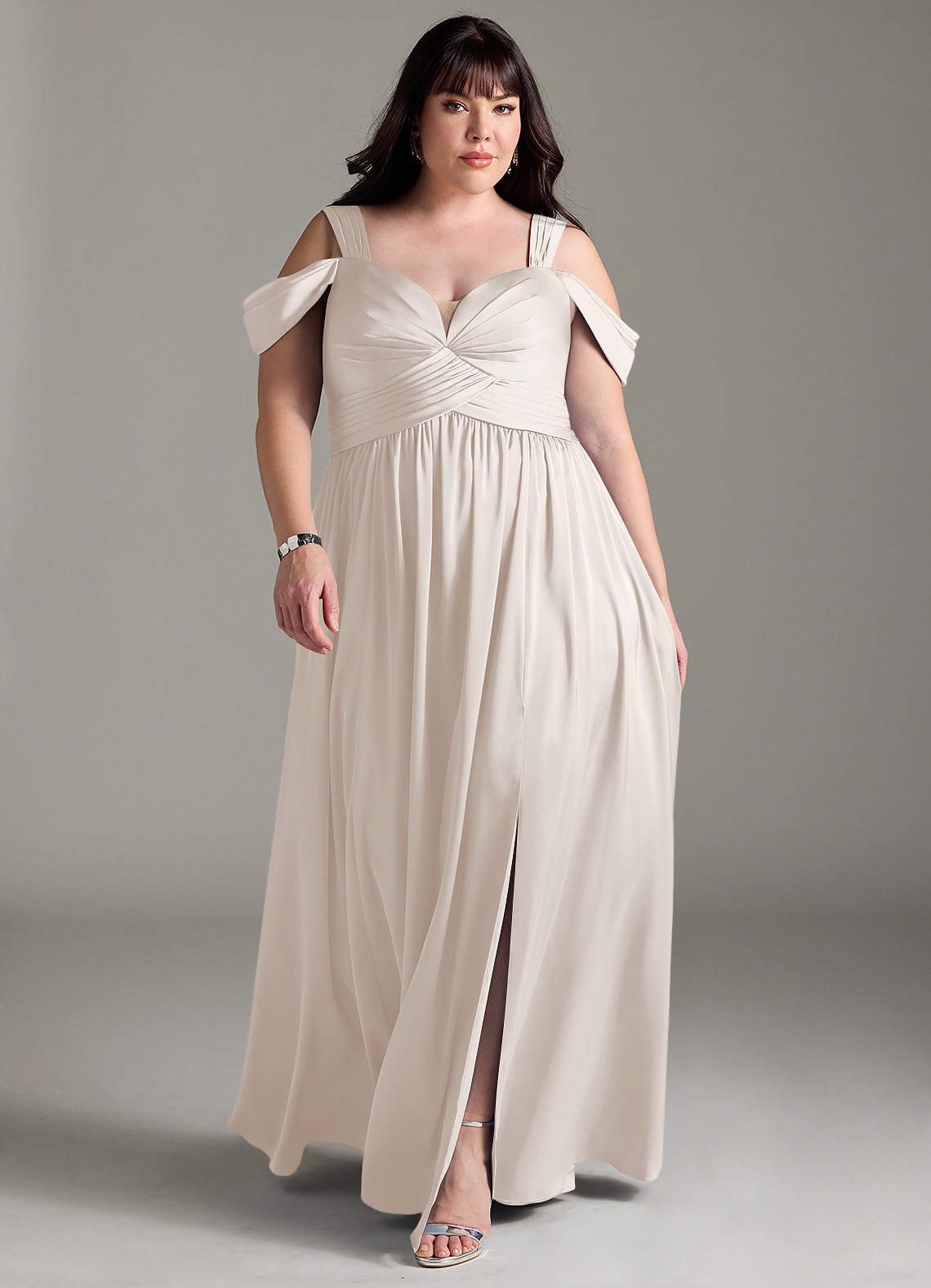 Azazie Lianne Brautjungfernkleider A-Linie Schulterfrei Stretch-Satin Kleid Alabaster Weiß image1