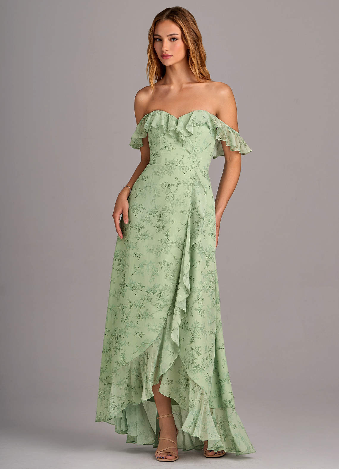 Azazie Lyra Bridesmaid Dresses Green Fern Floral A-Line Chiffon Convertible Dress image1