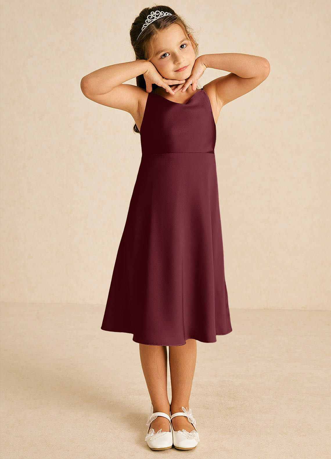 Azazie Zuzu Flower Girl Dresses Cabernet A-Line Spaghetti Strap Stretch Satin Dress image1